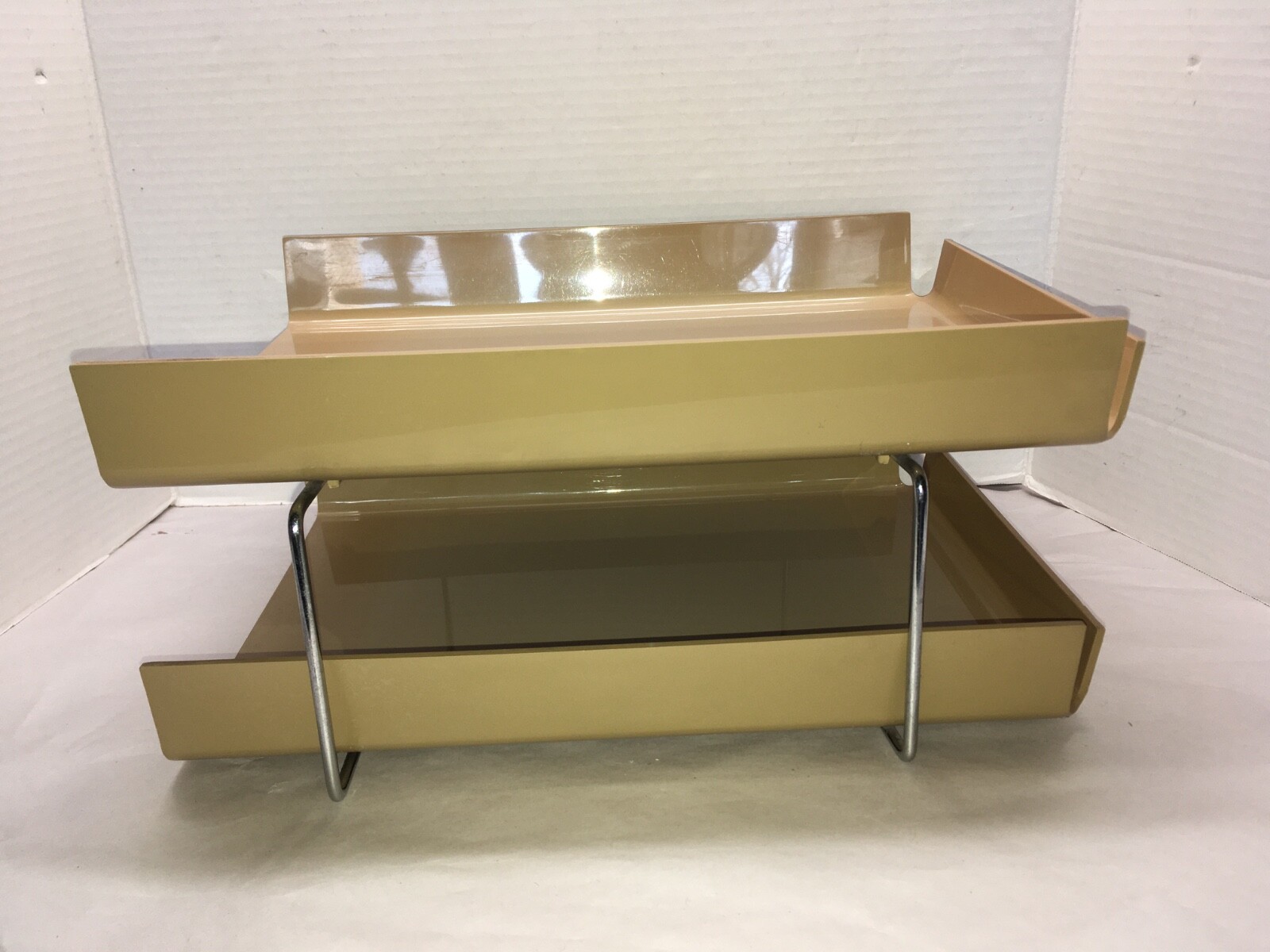 Vtg McDonald Duk-It Beige Plastic Chrome 2-Tier In Out Desk Tray Organizer MCM