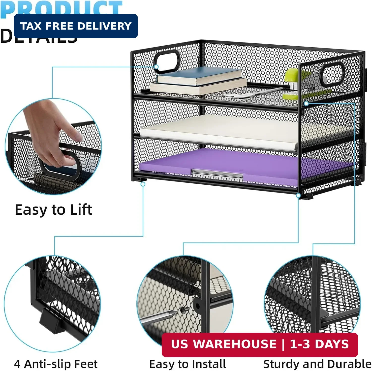 Marbrasse 3 Tier Paper Organizer Letter Tray, Mesh File Organizer with Handle, P