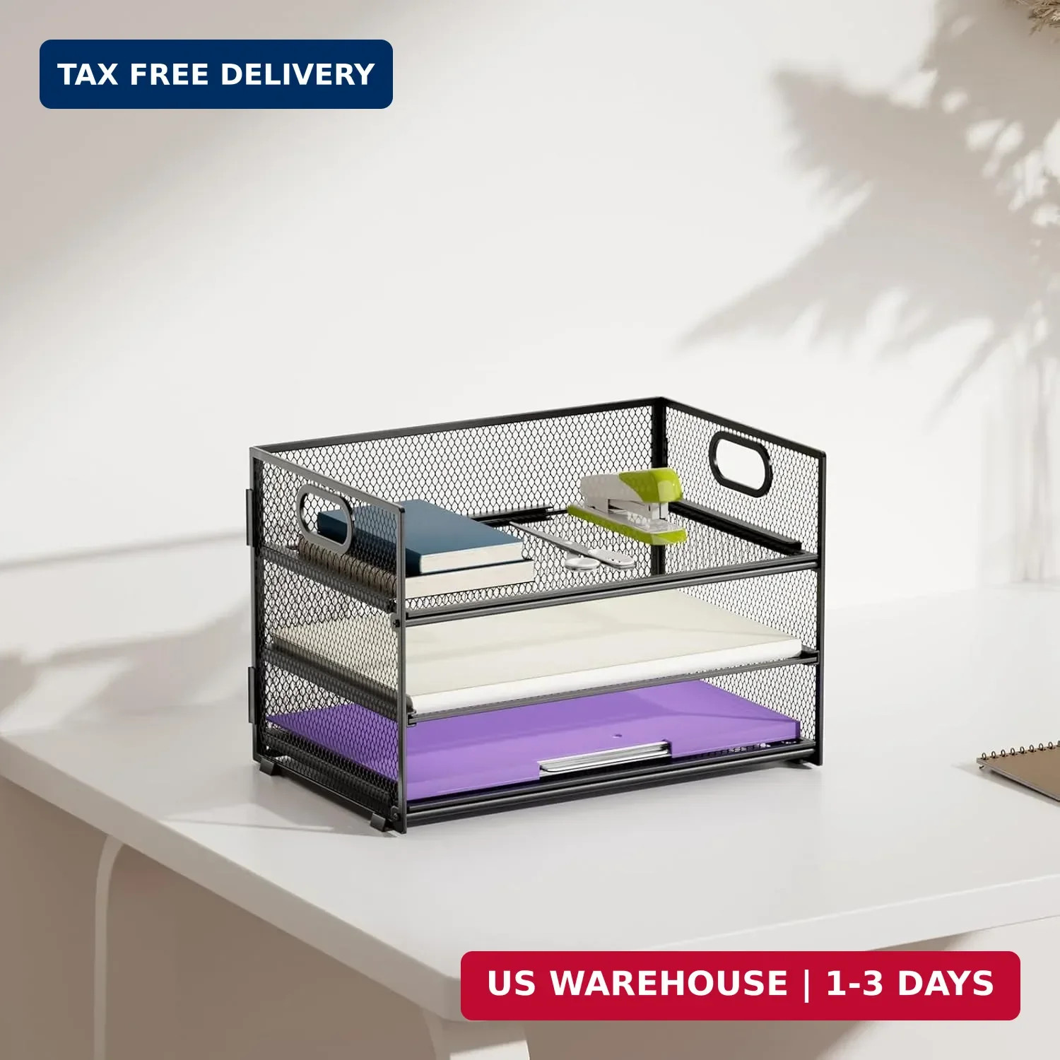 Marbrasse 3 Tier Paper Organizer Letter Tray, Mesh File Organizer with Handle, P