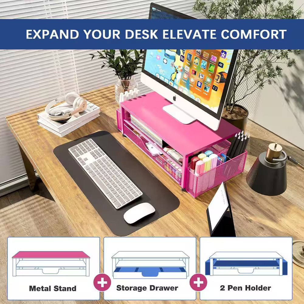 Red 15.5 In. X 6.3 In. Metal Modern Desk Organizers with Drawer and 2 Pen Holder