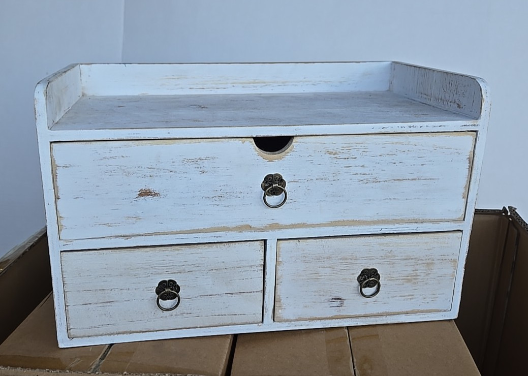 SeekElegant Wooden Desktop Organizer w/ Drawers, White Washed NEW (49B)