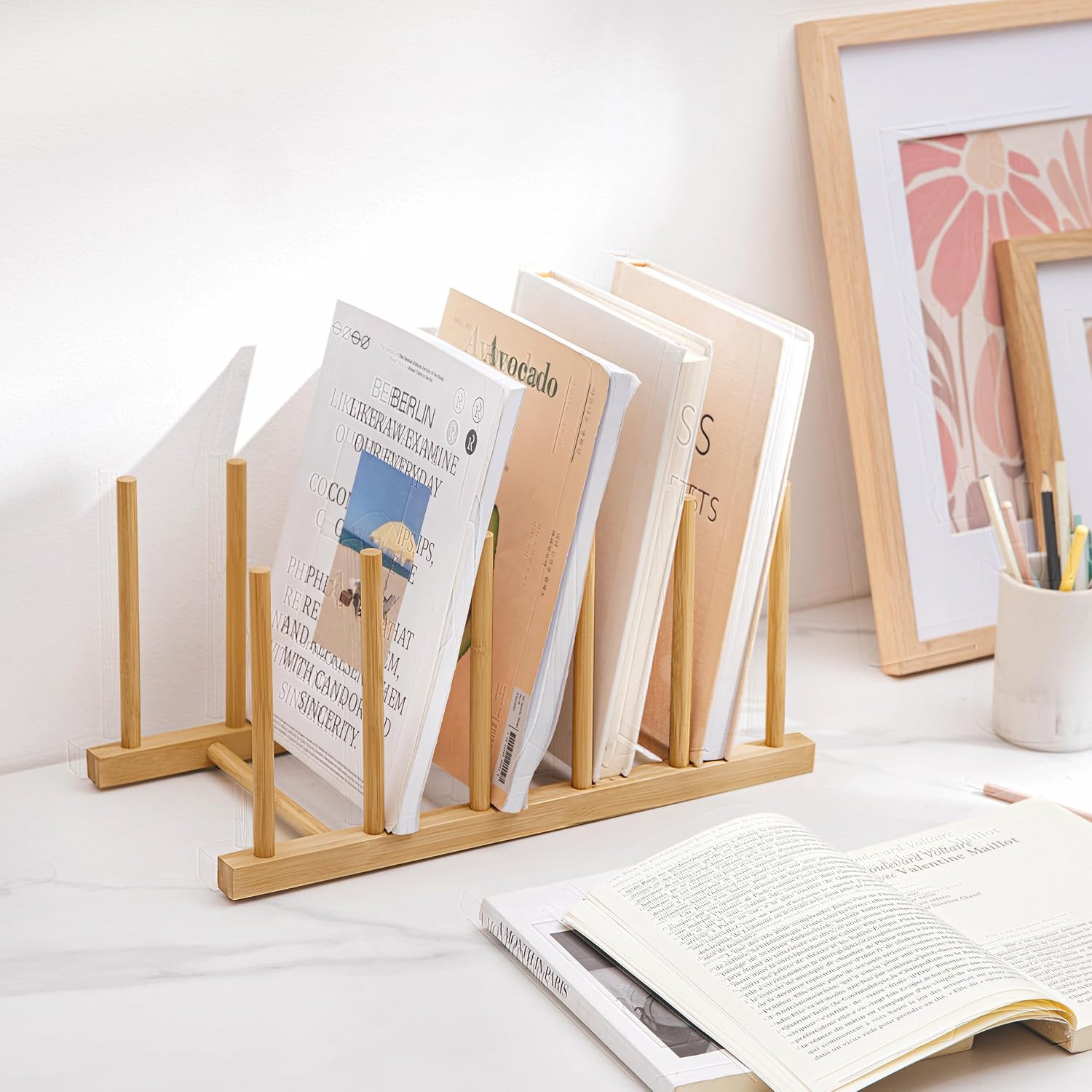 Desk File Organizer 5 Section Upright File Sorter, 1 Pack Bamboo File Holder for