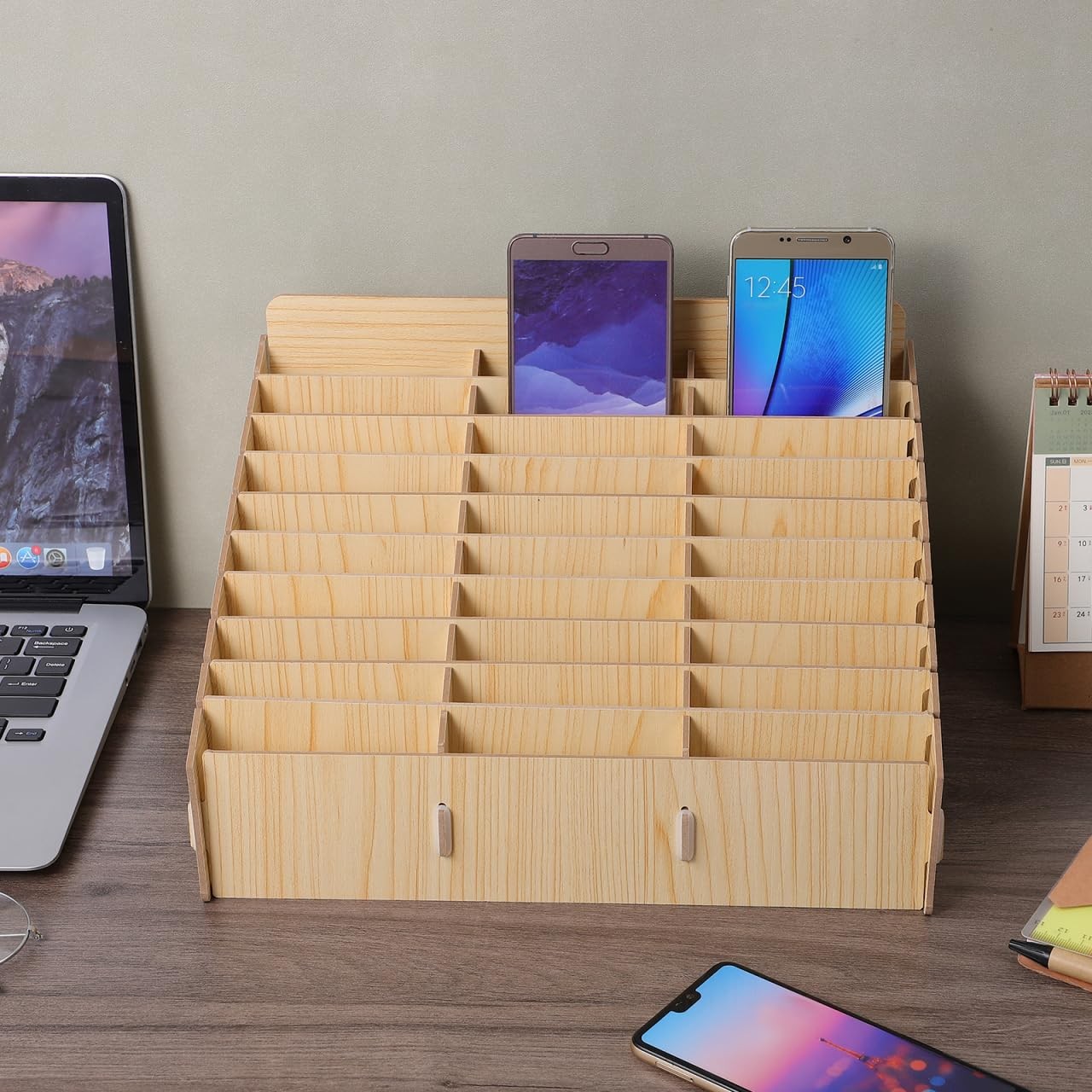 ULTECHNOVO 30-Slot Wooden Cell Phone Storage Box – Lockable Classroom Khaki