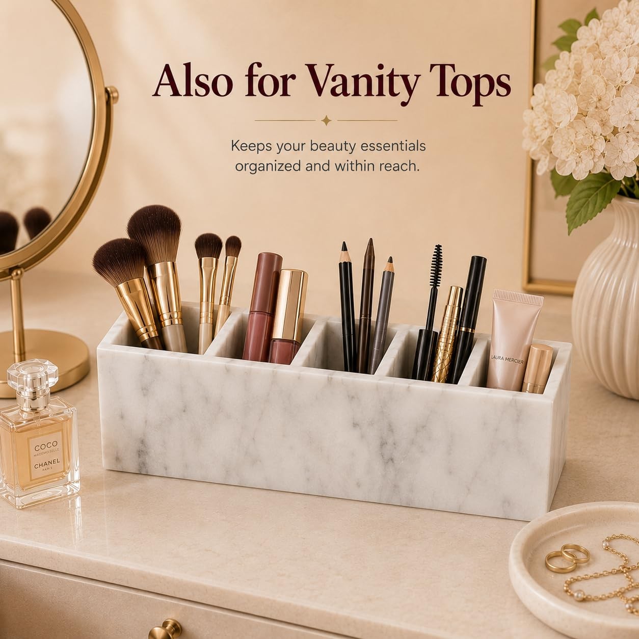 Natural White Marble 5-Compartment Desk Organizer for Pens & Brushes