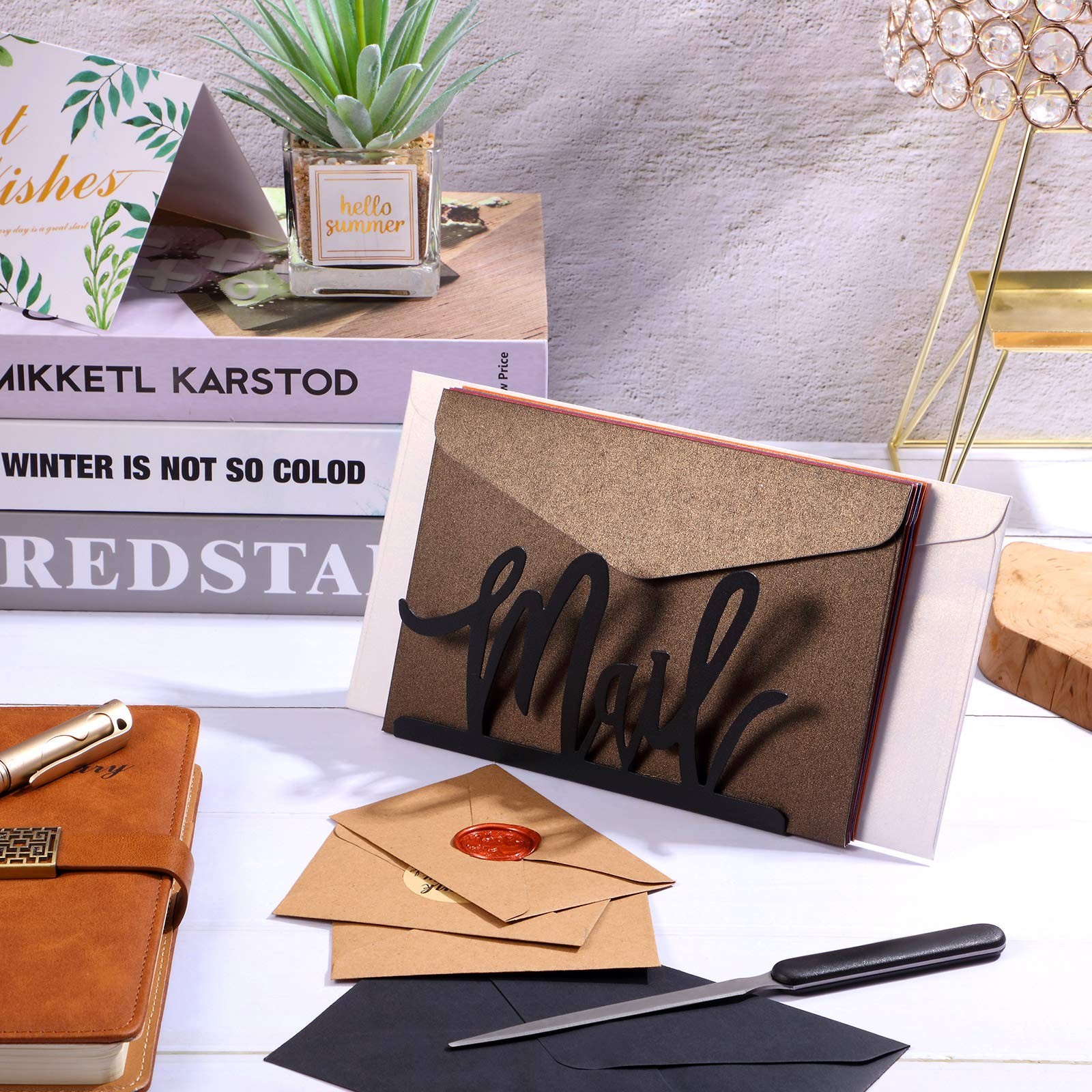 Black Metal Mail Holder Countertop Organizer with Cutout Lettering Letter Opener