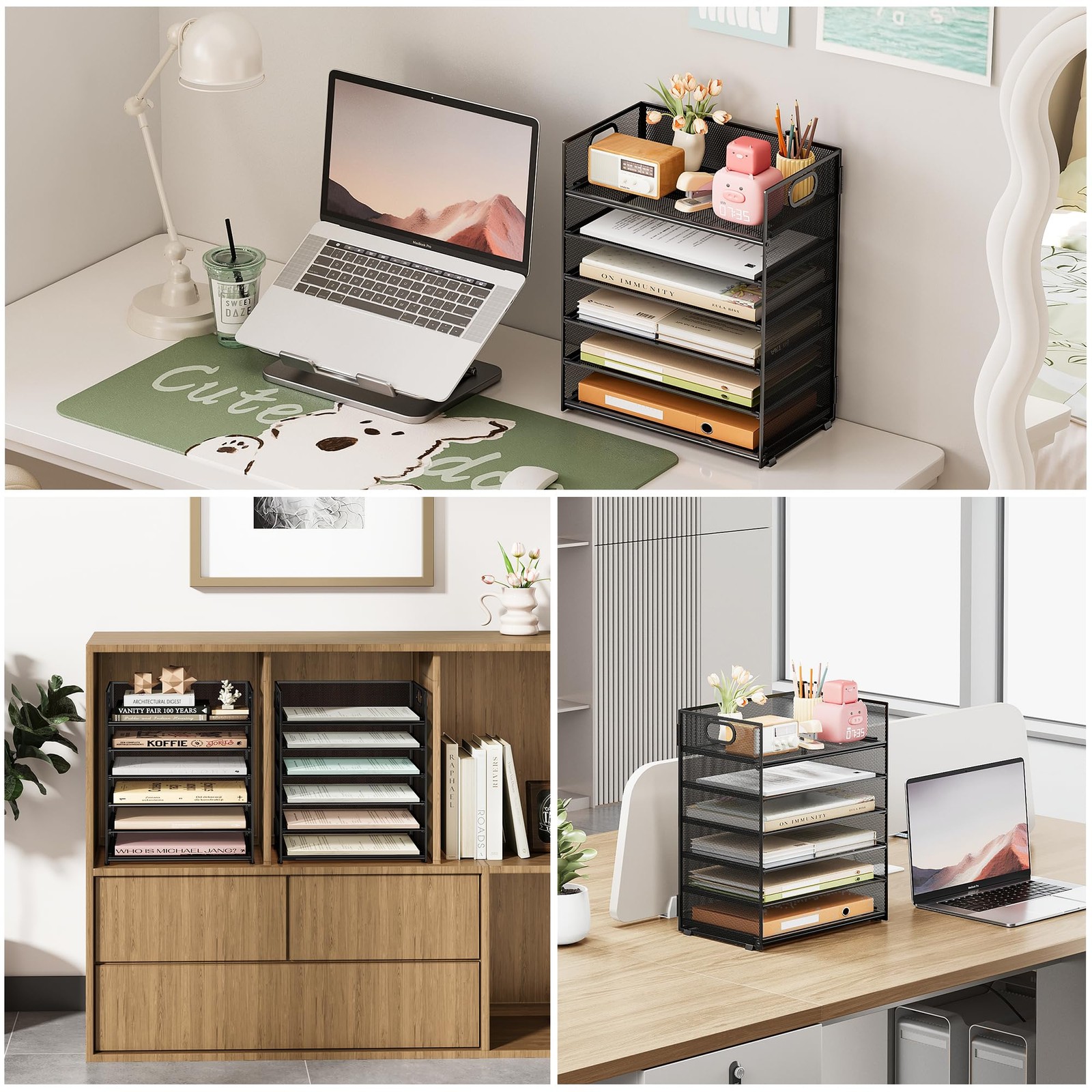 6 Tier Paper File Tray Organizer for Desk, Black Mesh Desk Letter Paper File …