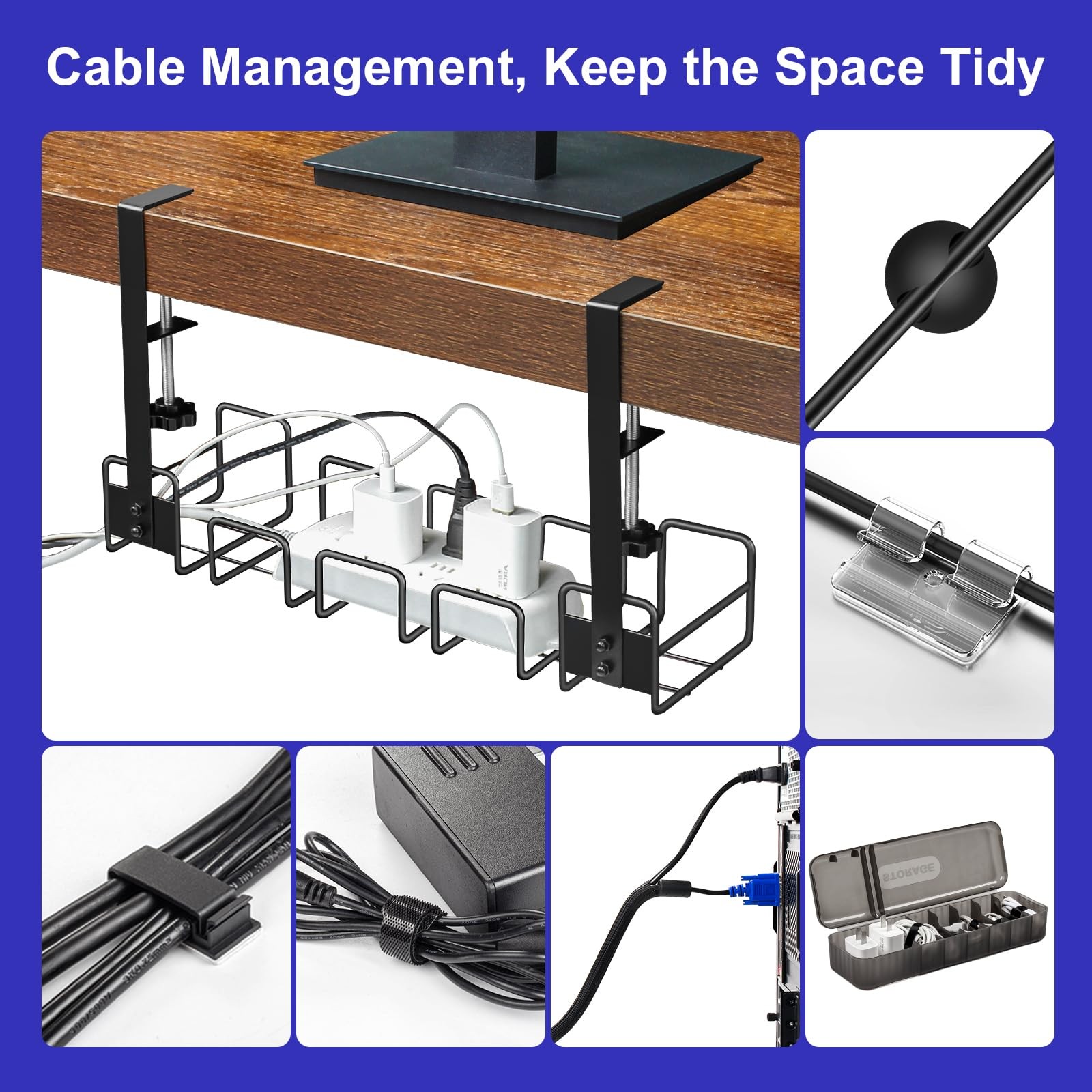 OneLeaf Under Desk Cable Management Tray – No Drill 1 Pack – Medium, Black