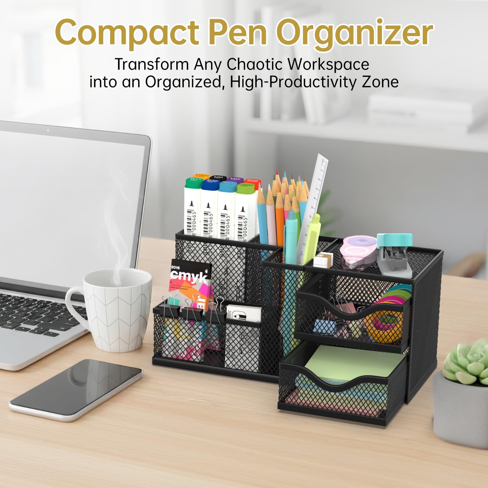 ReePlan Mesh Desk Organizer, Pen Organizer with 2 Drawers and 5 Black