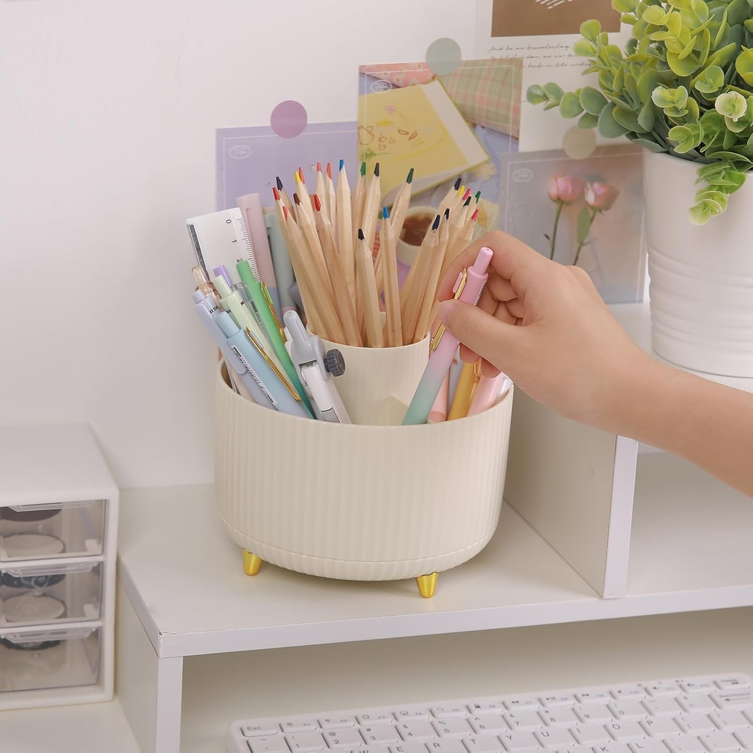 Elegant 360-Degree Rotating Desk Organizer with 5 Slots – Beige Plastic