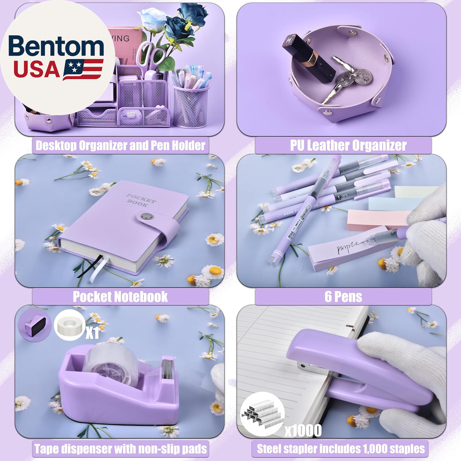 Purple Desk Accessories, 26Pcs Office Supplies and Desk Organizers, with Tape Di