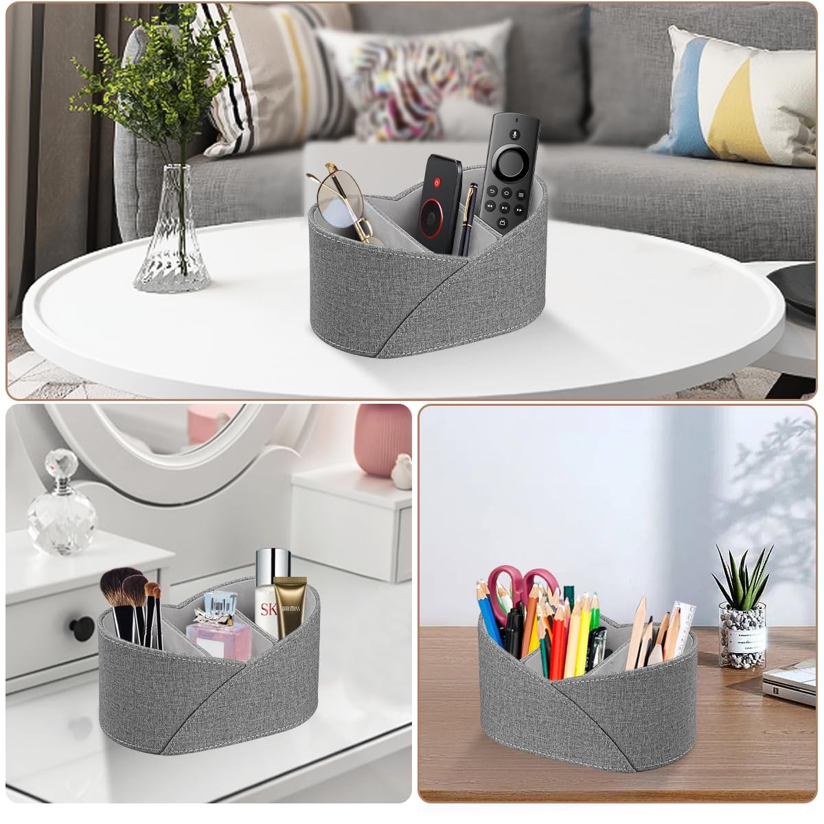 Grey PU Leather TV Remote Control Holder Desk Nightstand Caddy 3 Compartments
