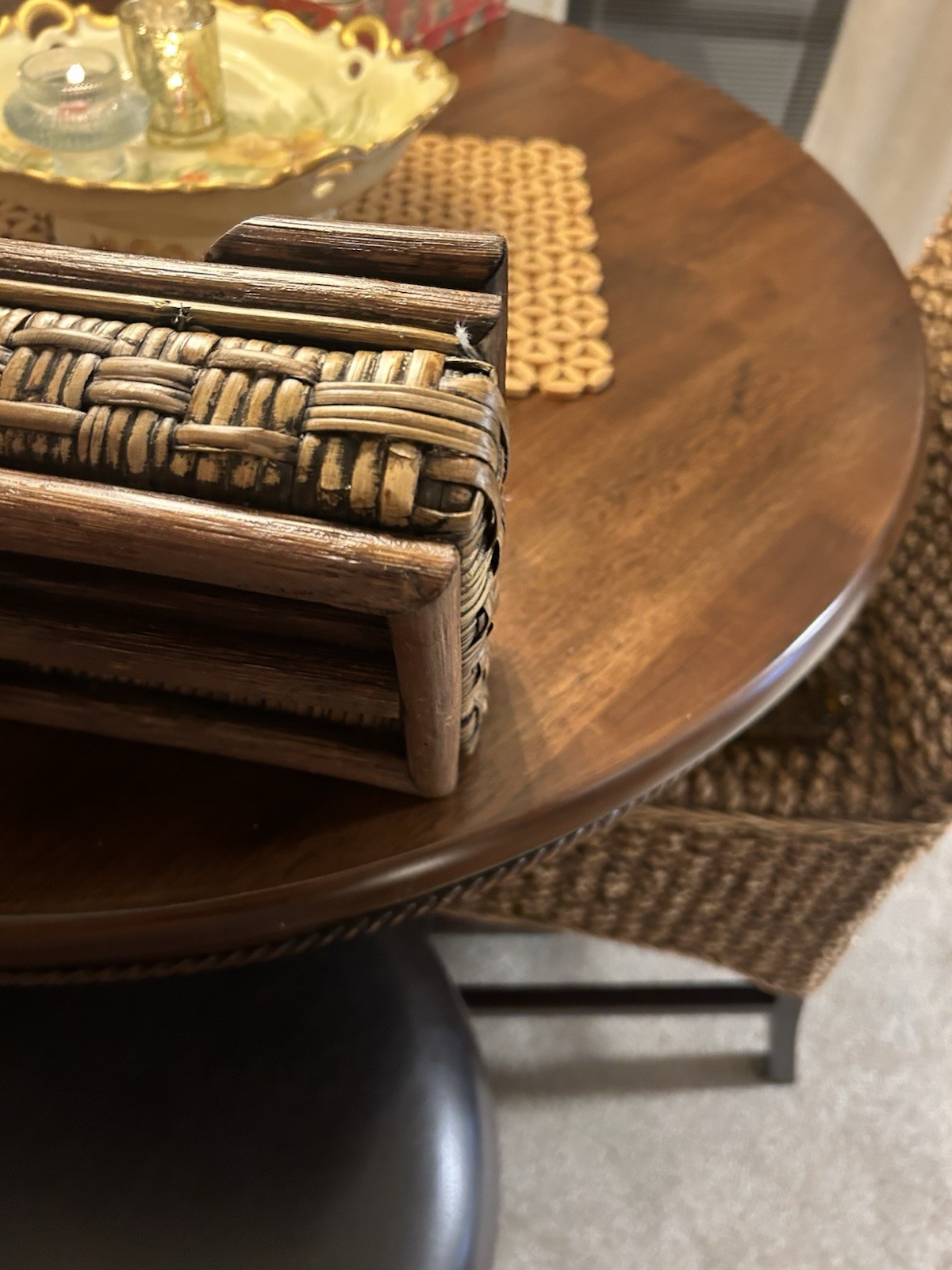 Vintage Wood & Woven Rattan Organizer Tray 4 Compartment Desk Caddy Rustic Boho