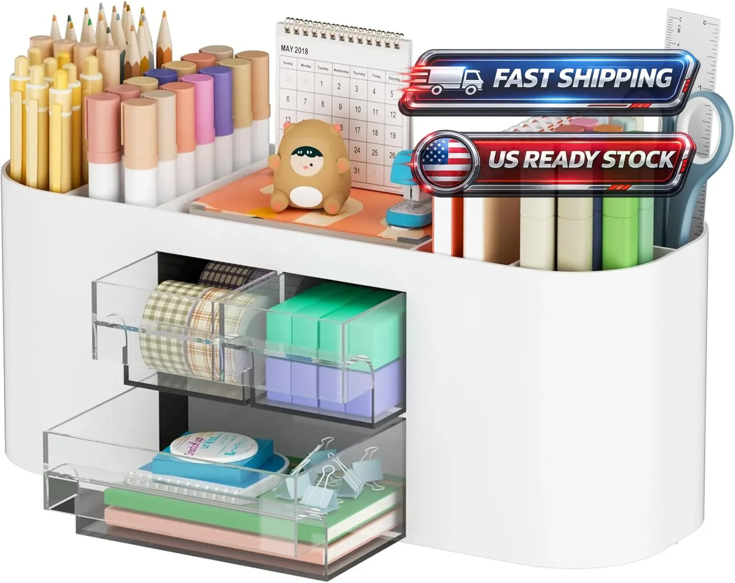 Pen Holder for Desk, Multi-Functional Pencil Organizer with Drawer, Desk Or
