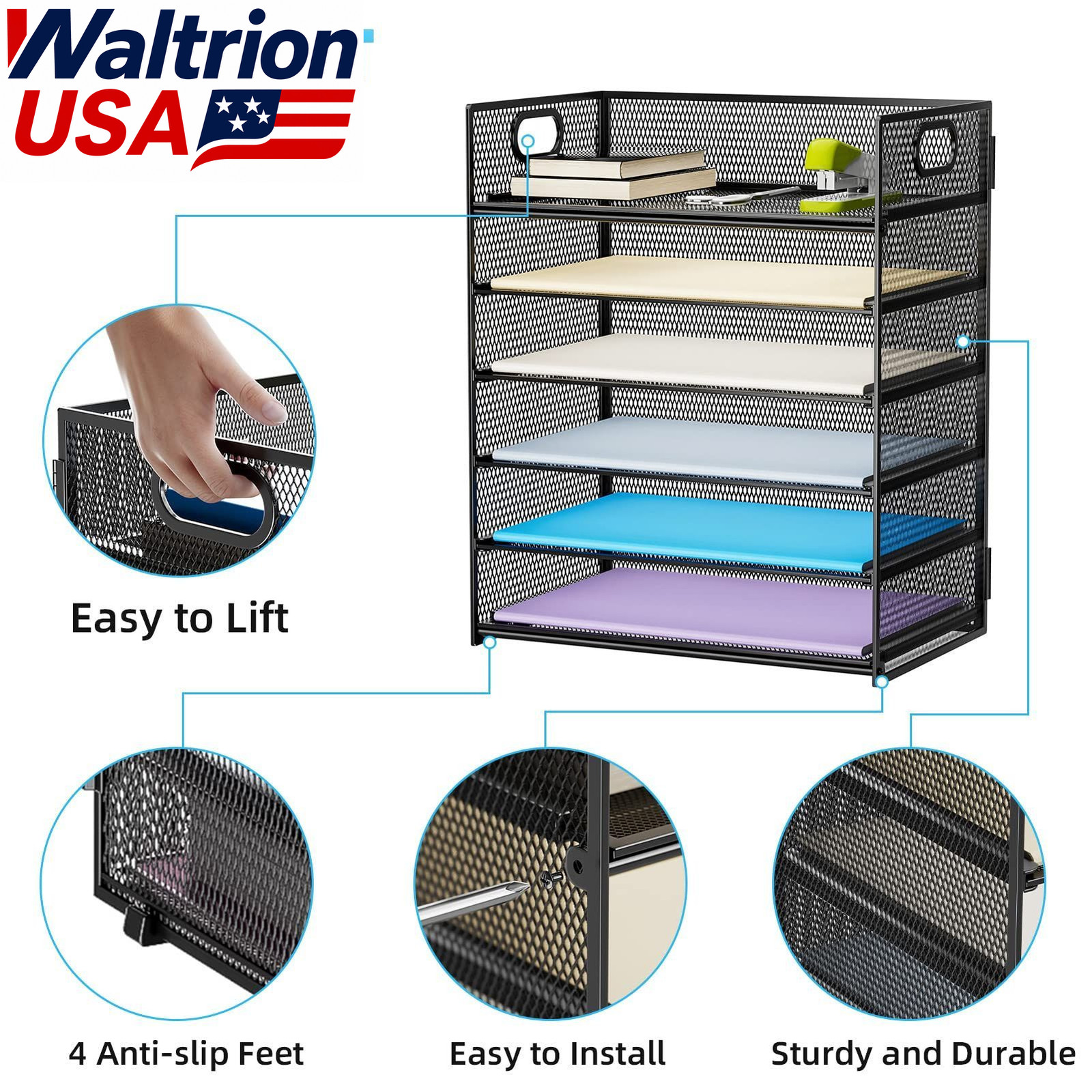 Marbrasse 6 Tier Paper Organizer Mesh Desk File Tray Letter A4 Sorter Black