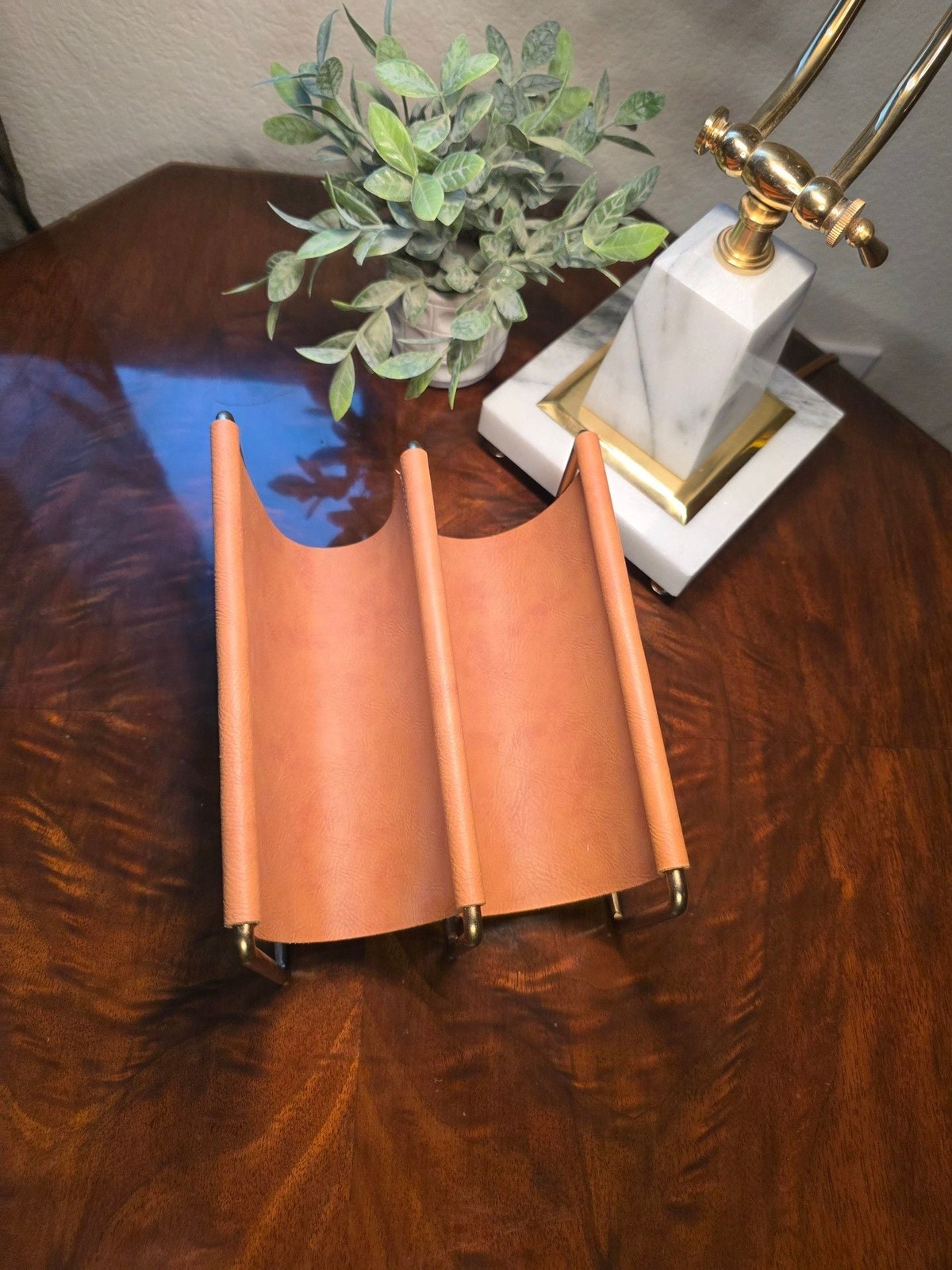 Small Modern 2-Slot Mail and File Holder with Brass Frame and Tan Faux Leather