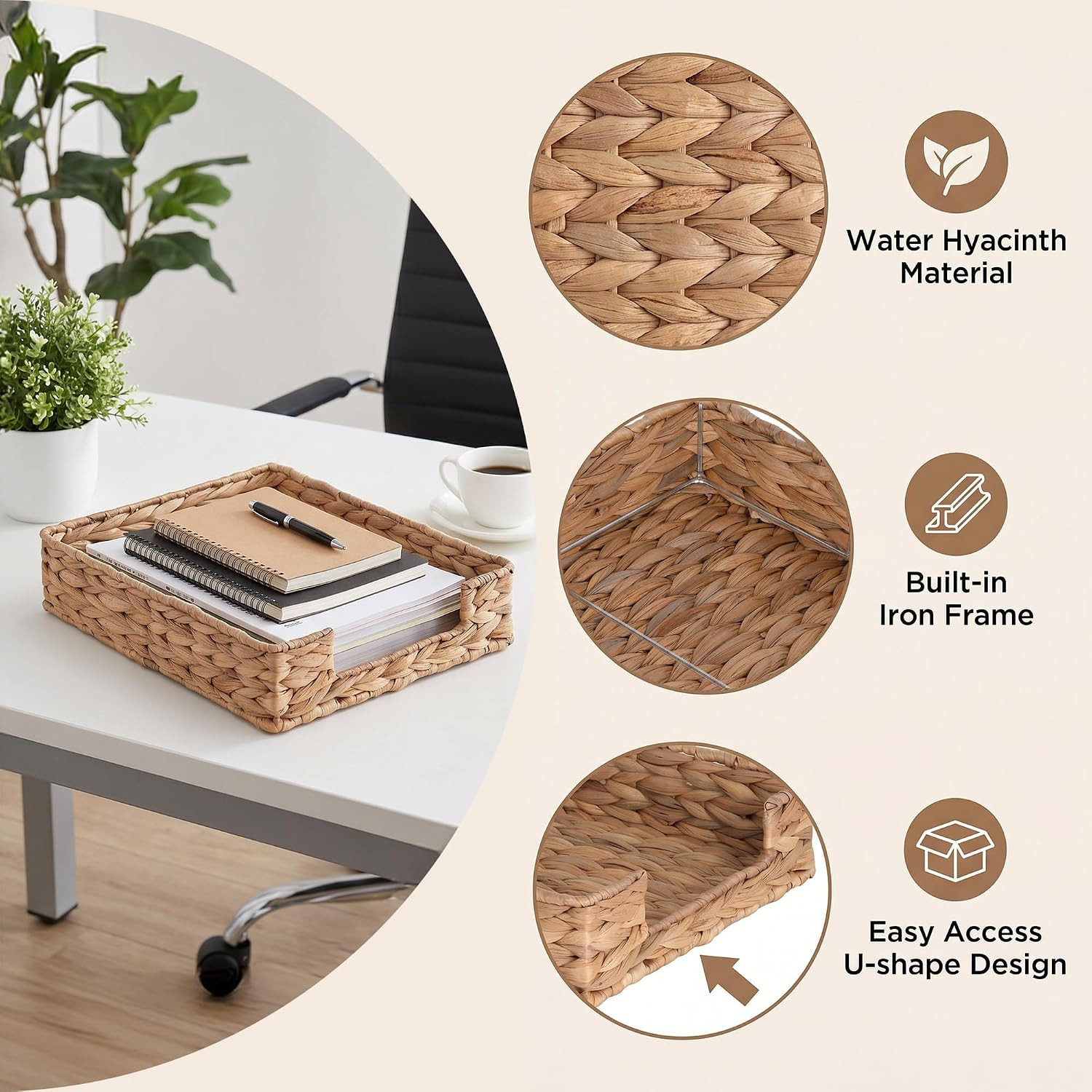 Letter Tray Water Hyacinth, Wicker Desk Organizer for Office Supplies Mail | Des