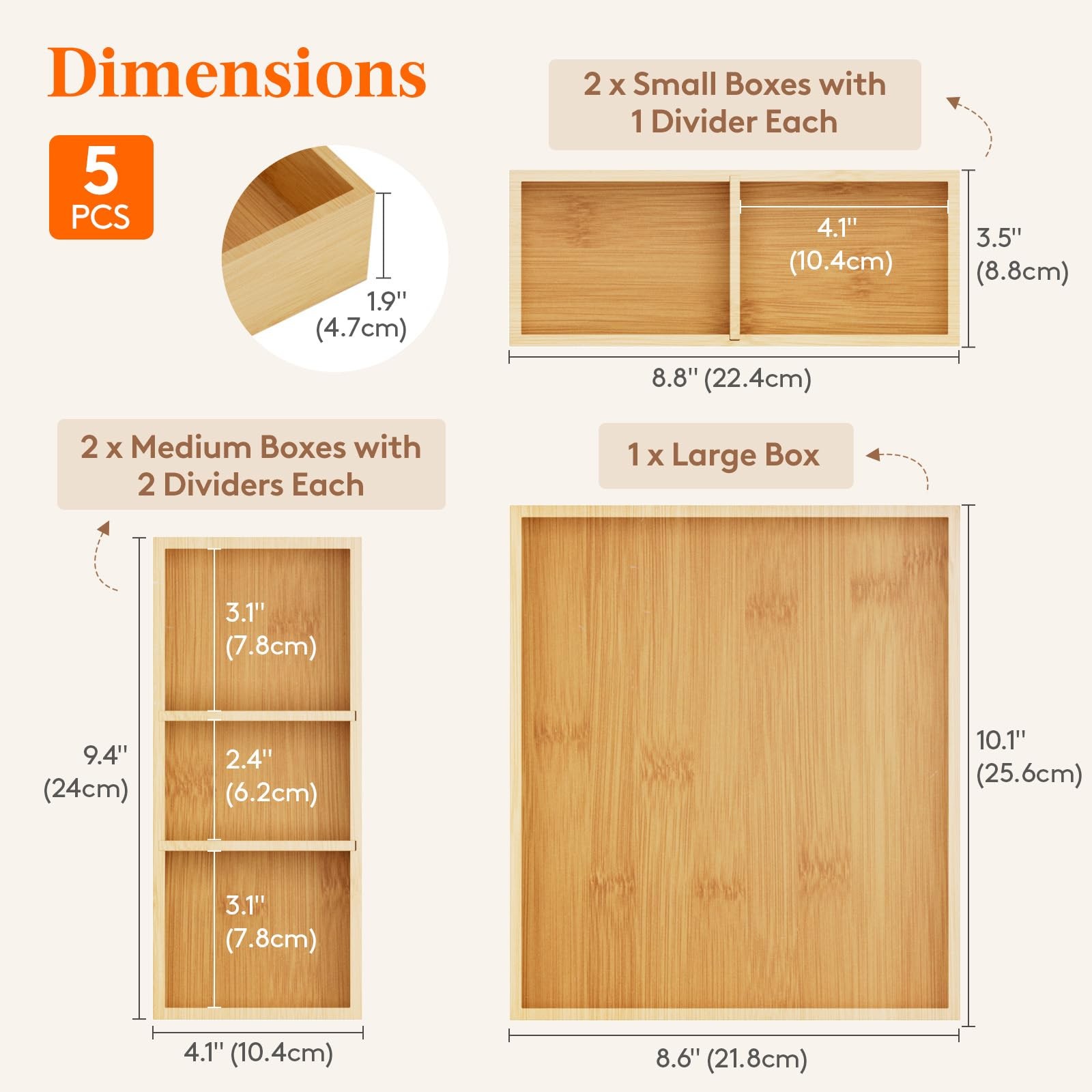 Lifewit Drawer Organizers 5 Pack(11 Grid) with 6 Inserts, Adjustable natural