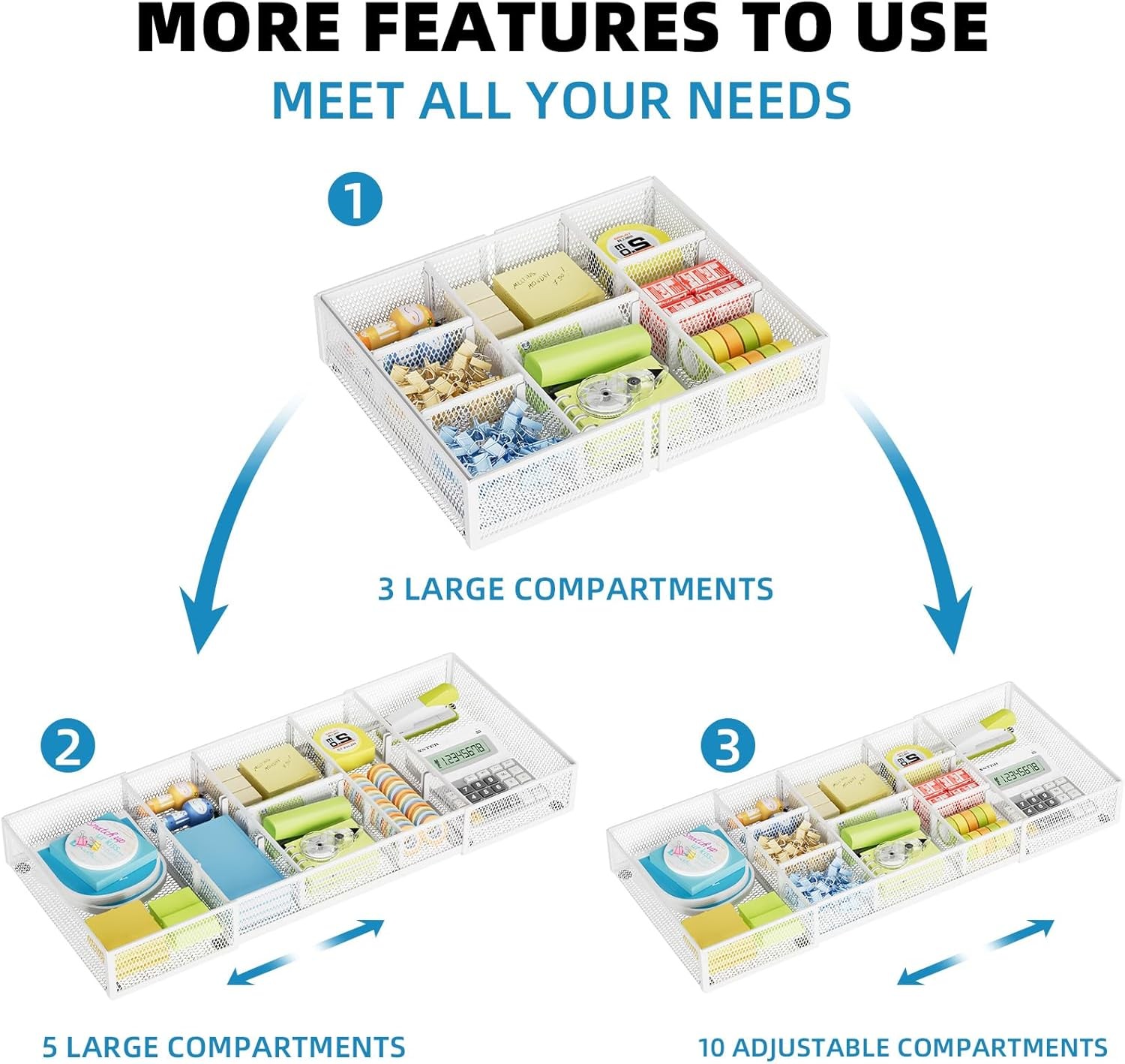 Expandable Desk Drawer Organizer, Mesh Drawer Organizer Tray with 10 Compartment
