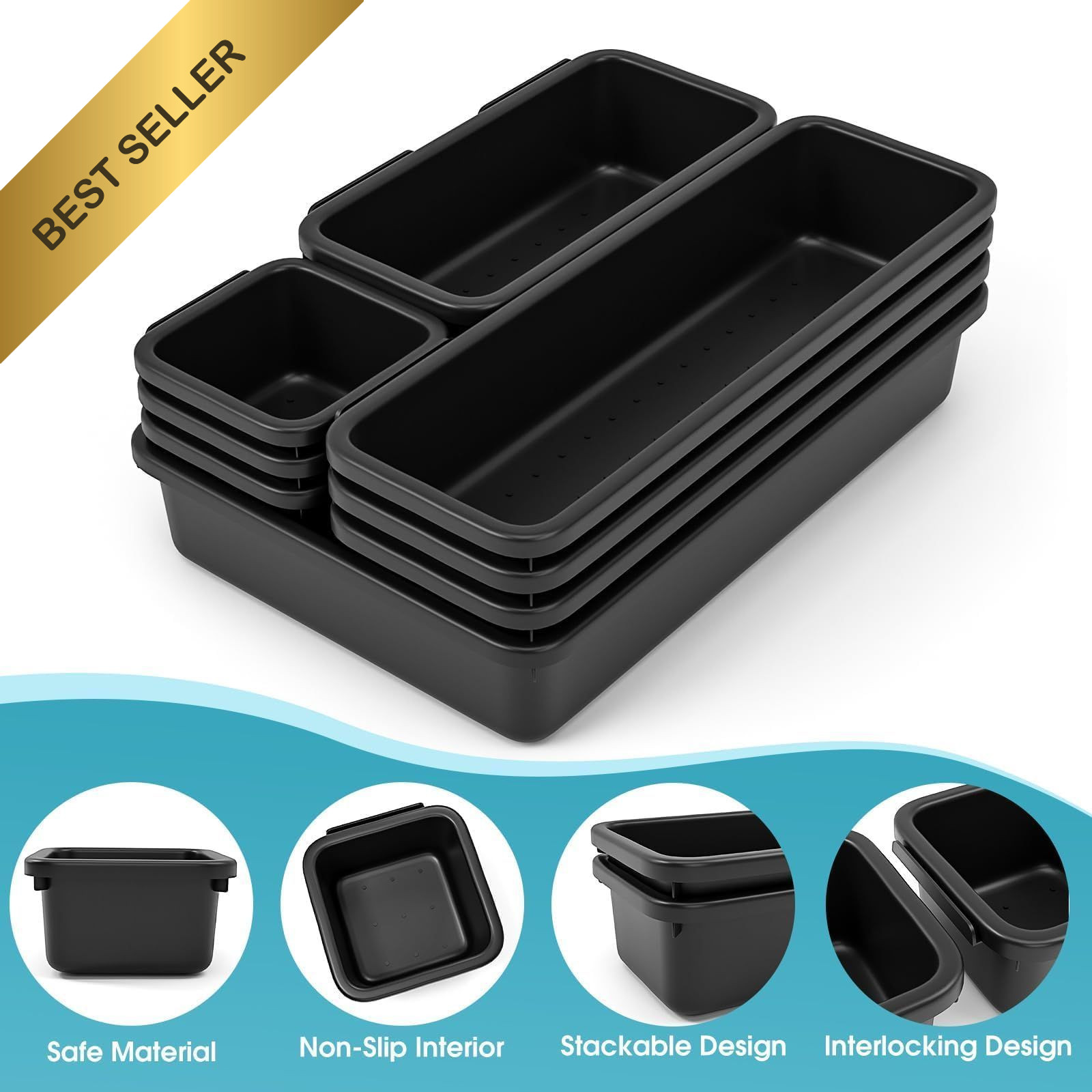 10 PCS Black Drawer Organizer Set 4 Size Interlocking Plastic Storage Bins