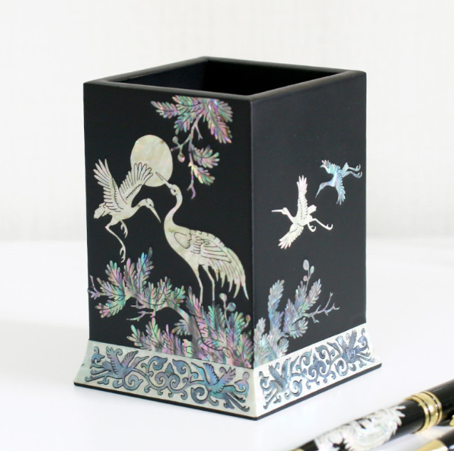 Korean Mother of Pearl Lacquer Pen Holder Handmade Desk Organizer Office Decor