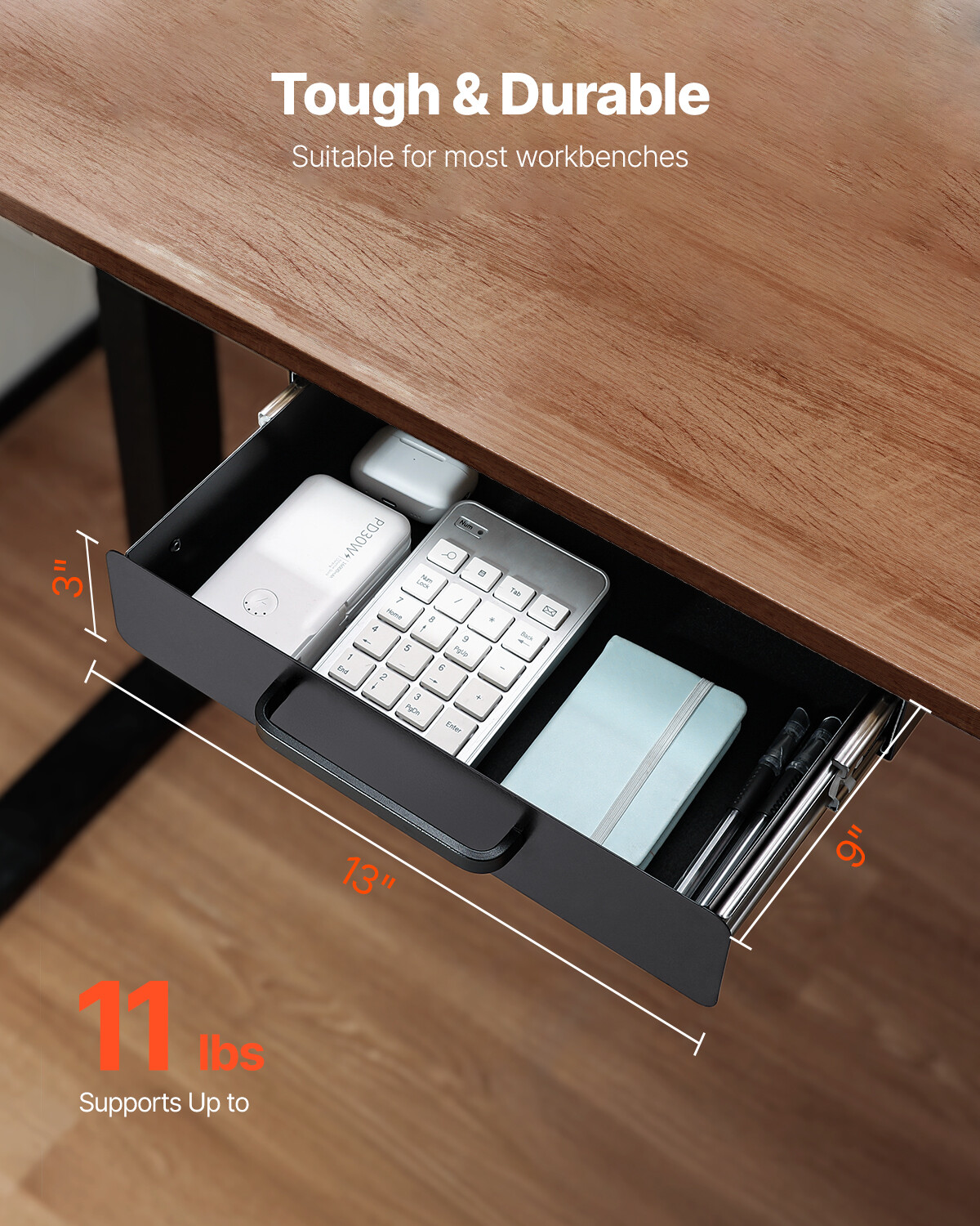 13 in Under Desk Drawer Organizer Slide-out Drawer Space Saver for Home Office