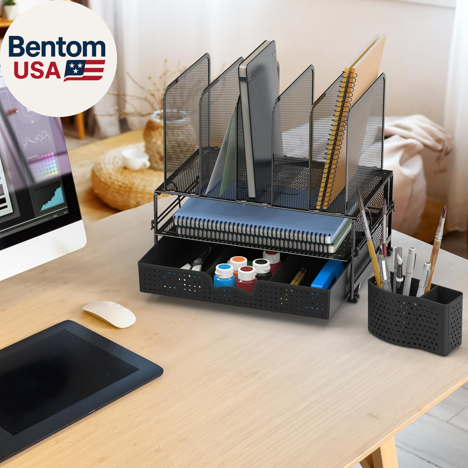Mesh Desk Organizer with Sliding Drawer, Double Tray and 5 Upright Sections, Bla