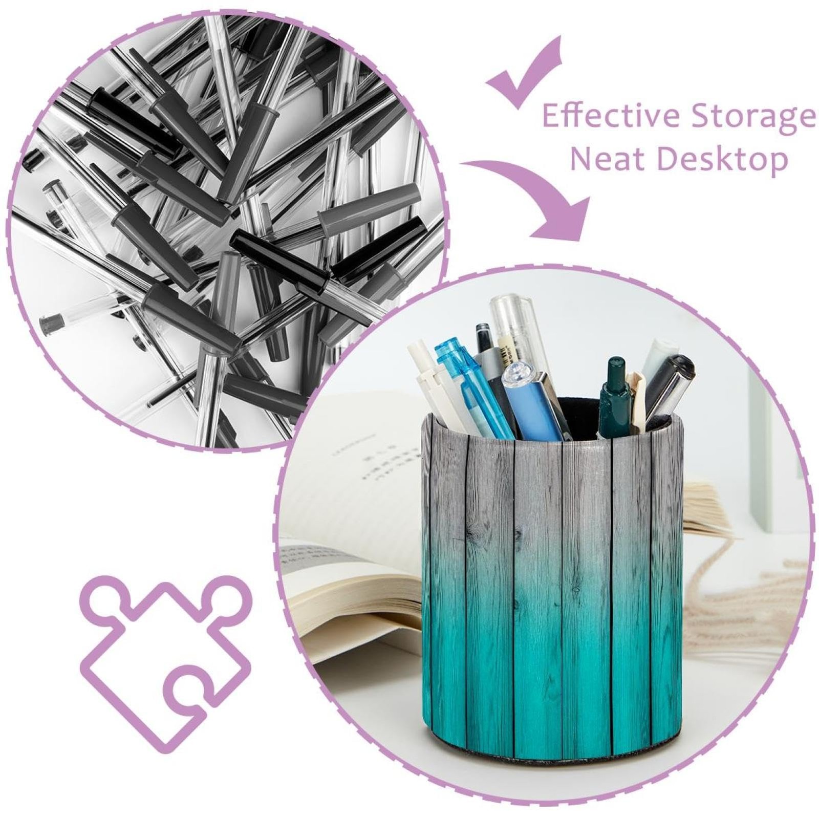 Pen Pencil Holder for Desk, Teal Rustic Wood Panels Makeup Brush Holders Leat…