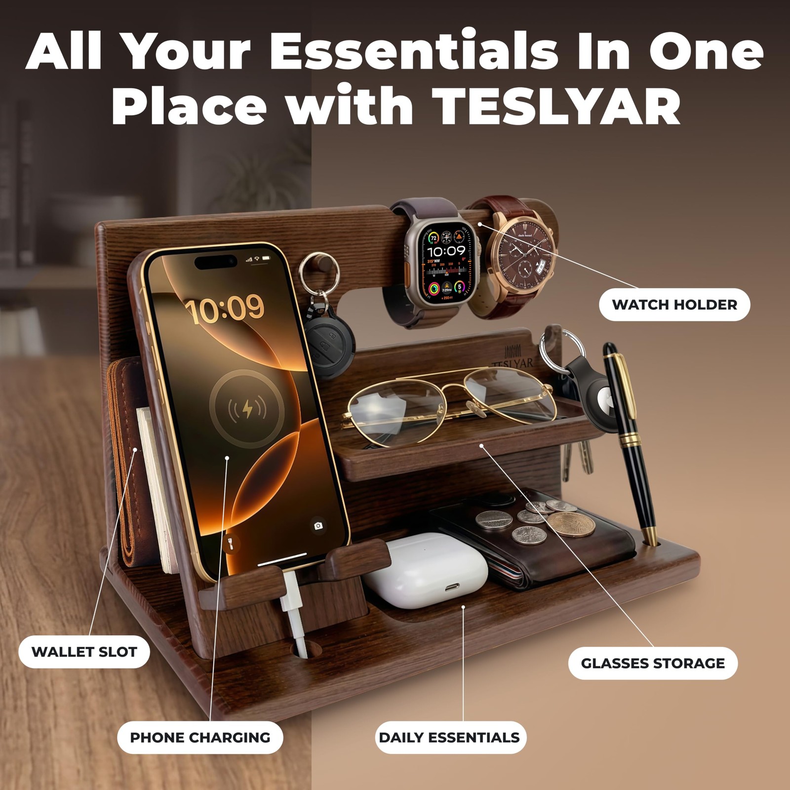 TESLYAR Wood Phone Docking Station for Men – Desk or Nightstand Bourbon Brown