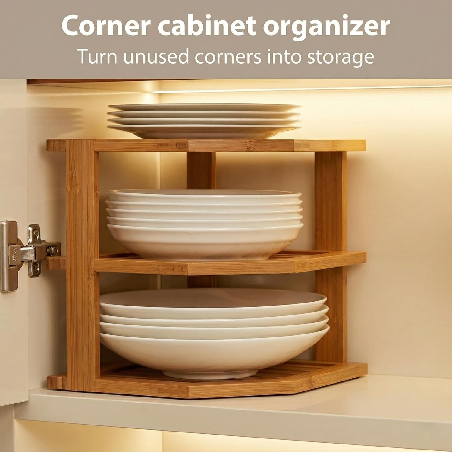 3 Tier Bamboo Corner Shelf – Elegant Space Saver for Plates & Mugs, 10x10x9.5″