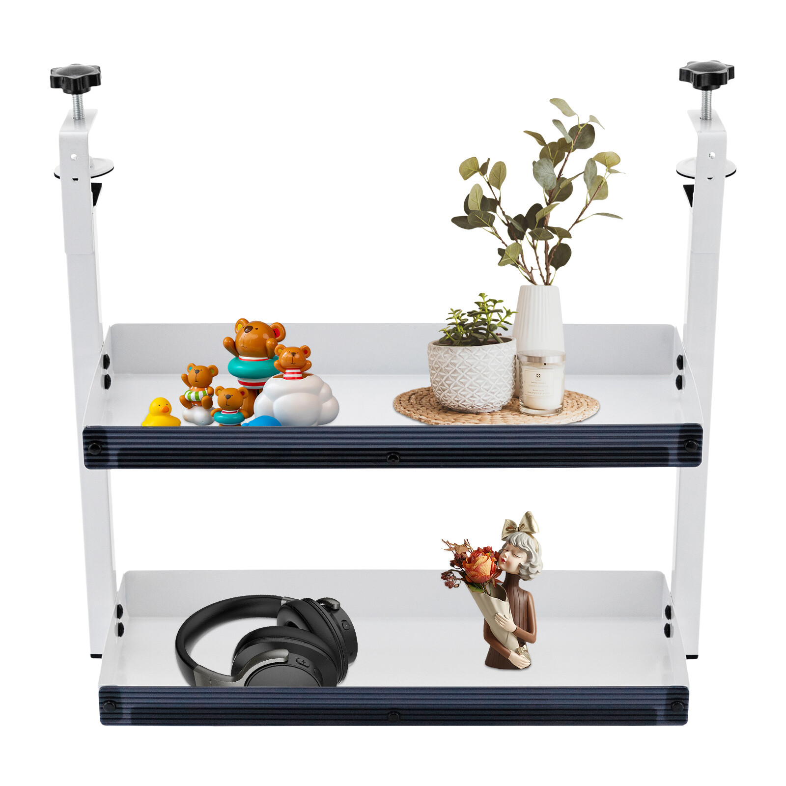 2-Tier Clamp-On Desk Shelf, Adjustable White Storage Organizer for Home