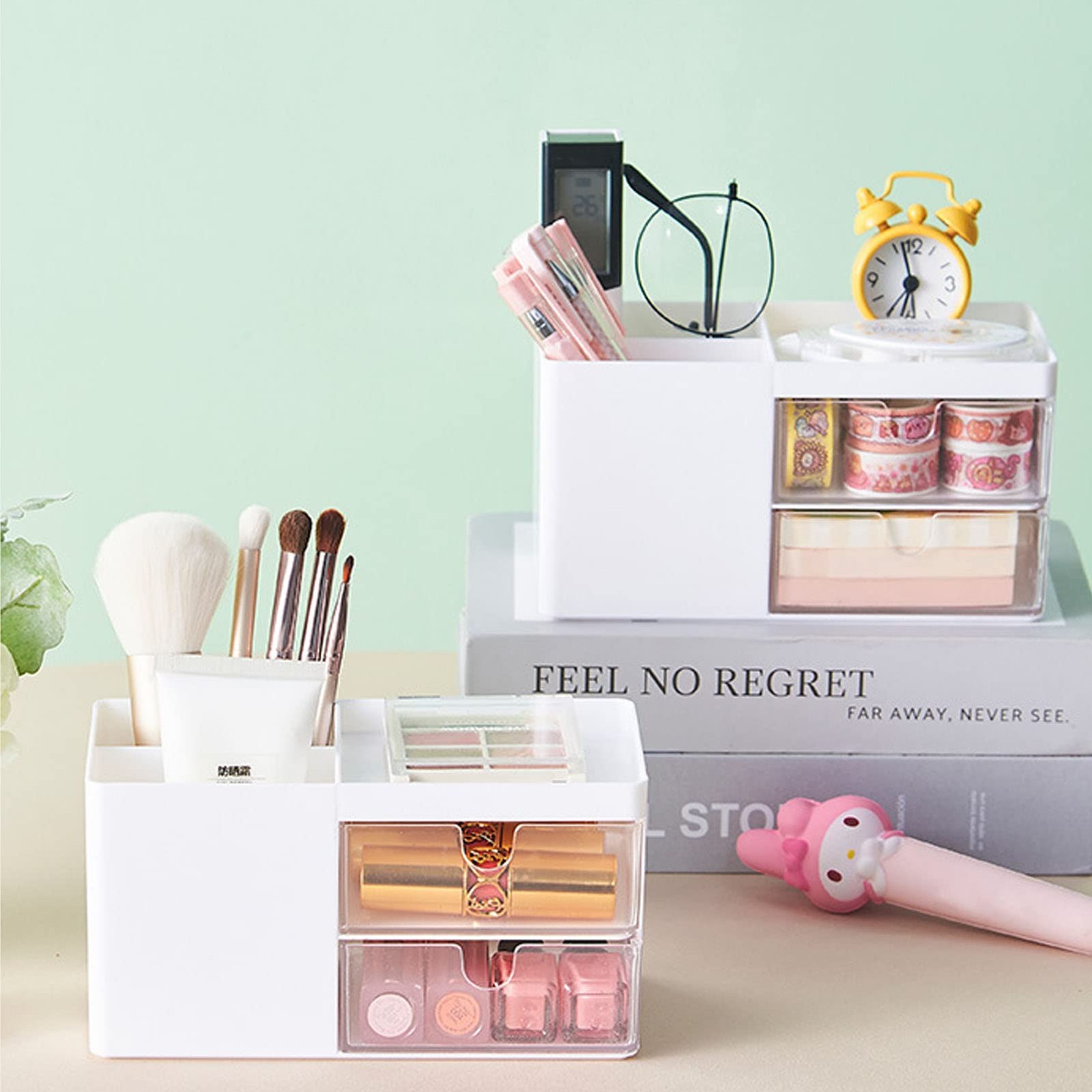Zyners Small Desk Organizer with Pen Holder and Drawer, Plastic White