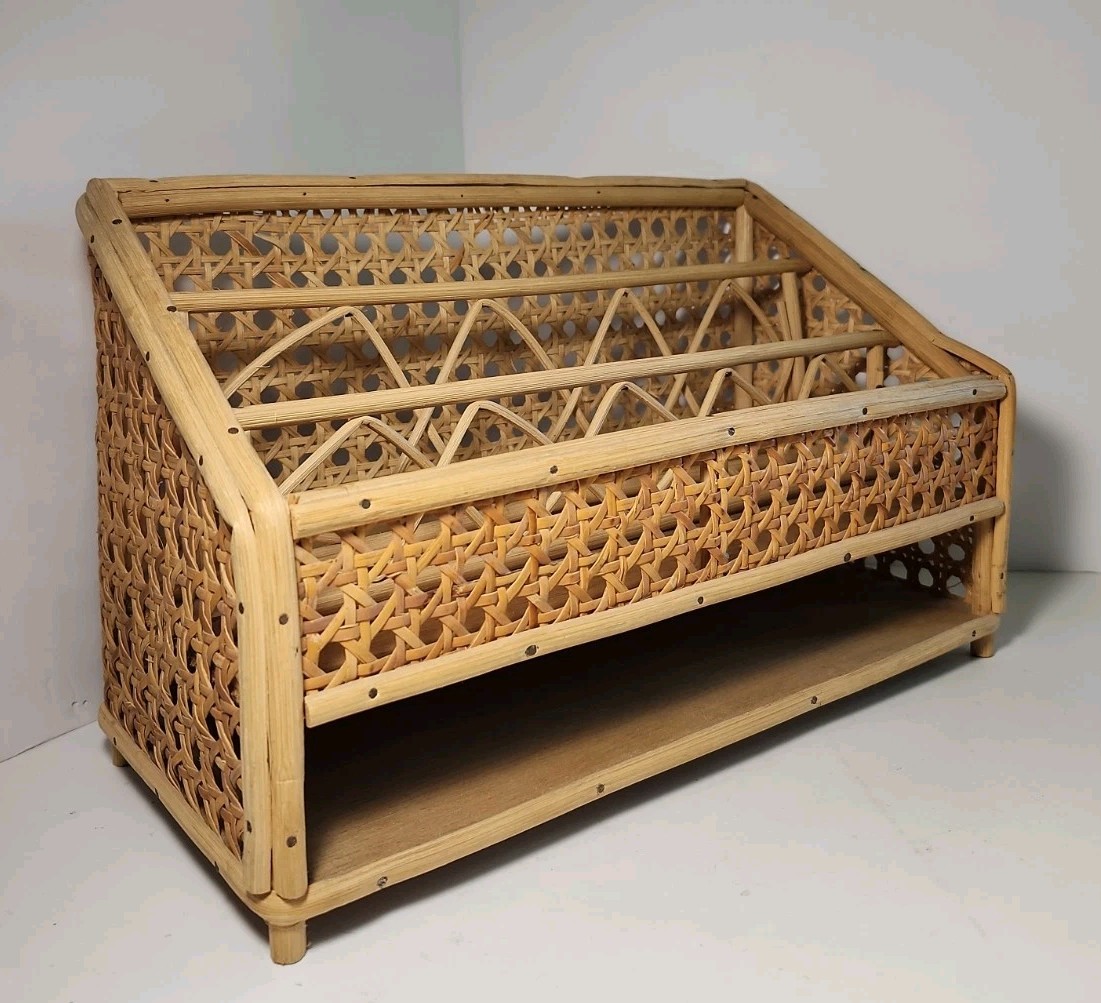 Vintage Bamboo & Rattan Cane Wood Surface Top Desk Top Letter Organizer