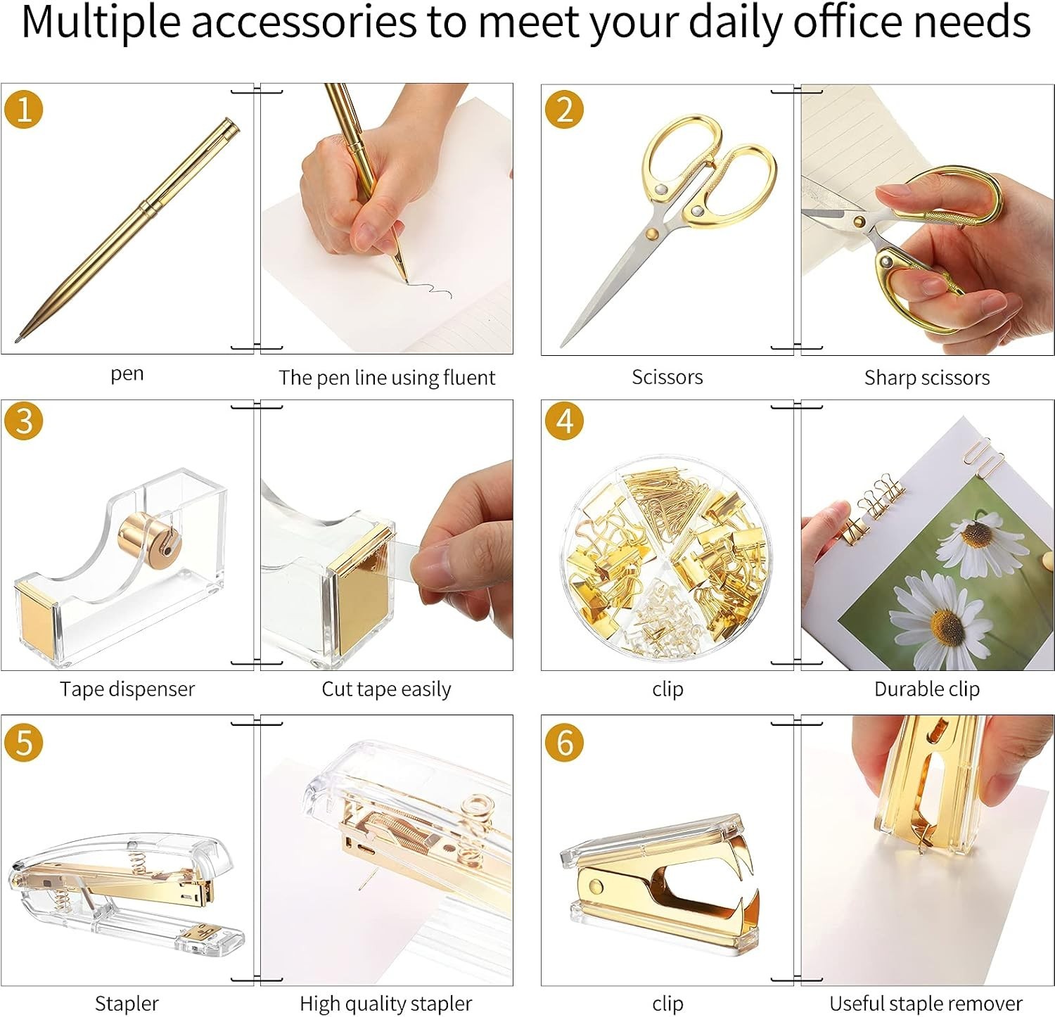 Deluxe Acrylic Office Supplies Set: Gold Stapler & More, 1000 Staples Included