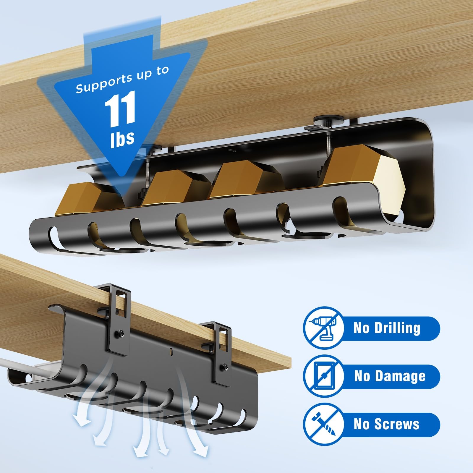 2 Pack No-Drill Under Desk Cable Management Tray 33.8 inch Large Wire Black