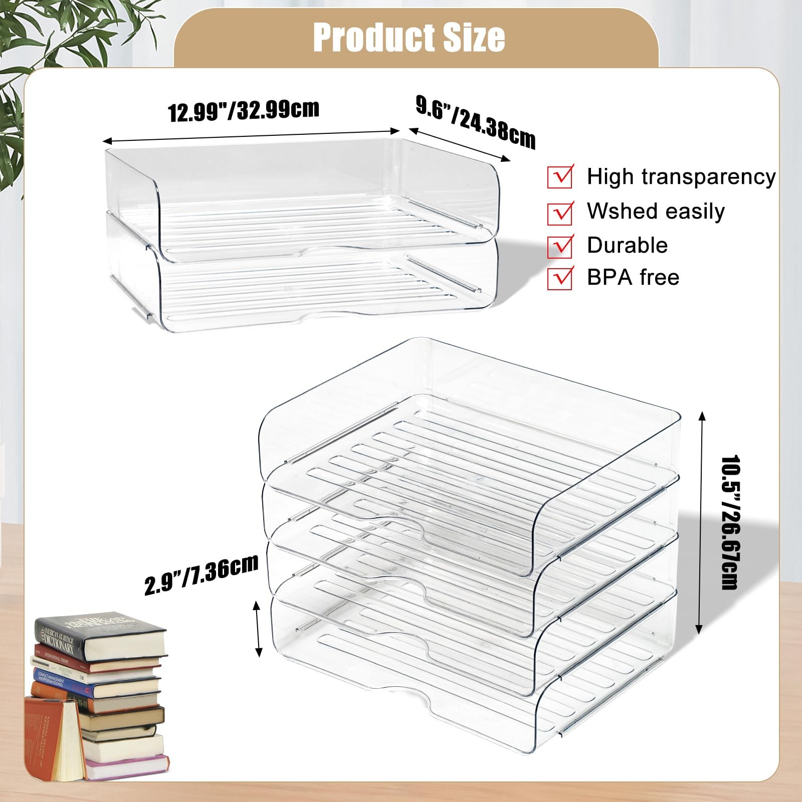 Clear Stackable Paper Trays 4 Pack, PET Letter 4 Count (Pack of 1),