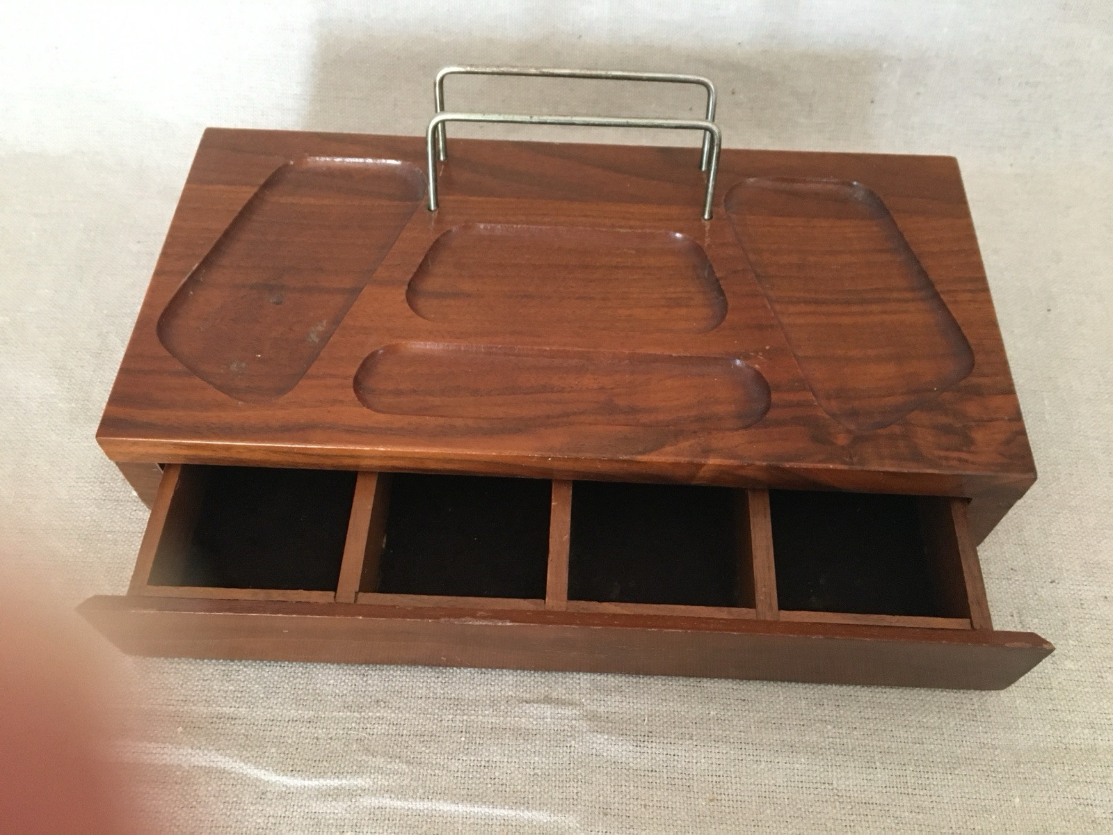 Vintage Wood Dresser/Desk Organizer with Drawer and Brass Holder