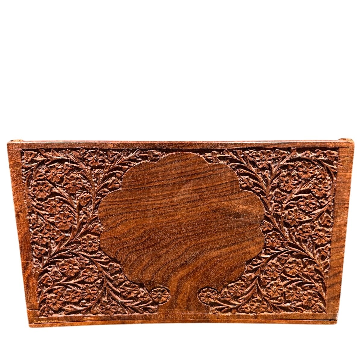 Vintage India Hand Carved Floral Wooden Mail Brass Inlay Organizer Letter Holder