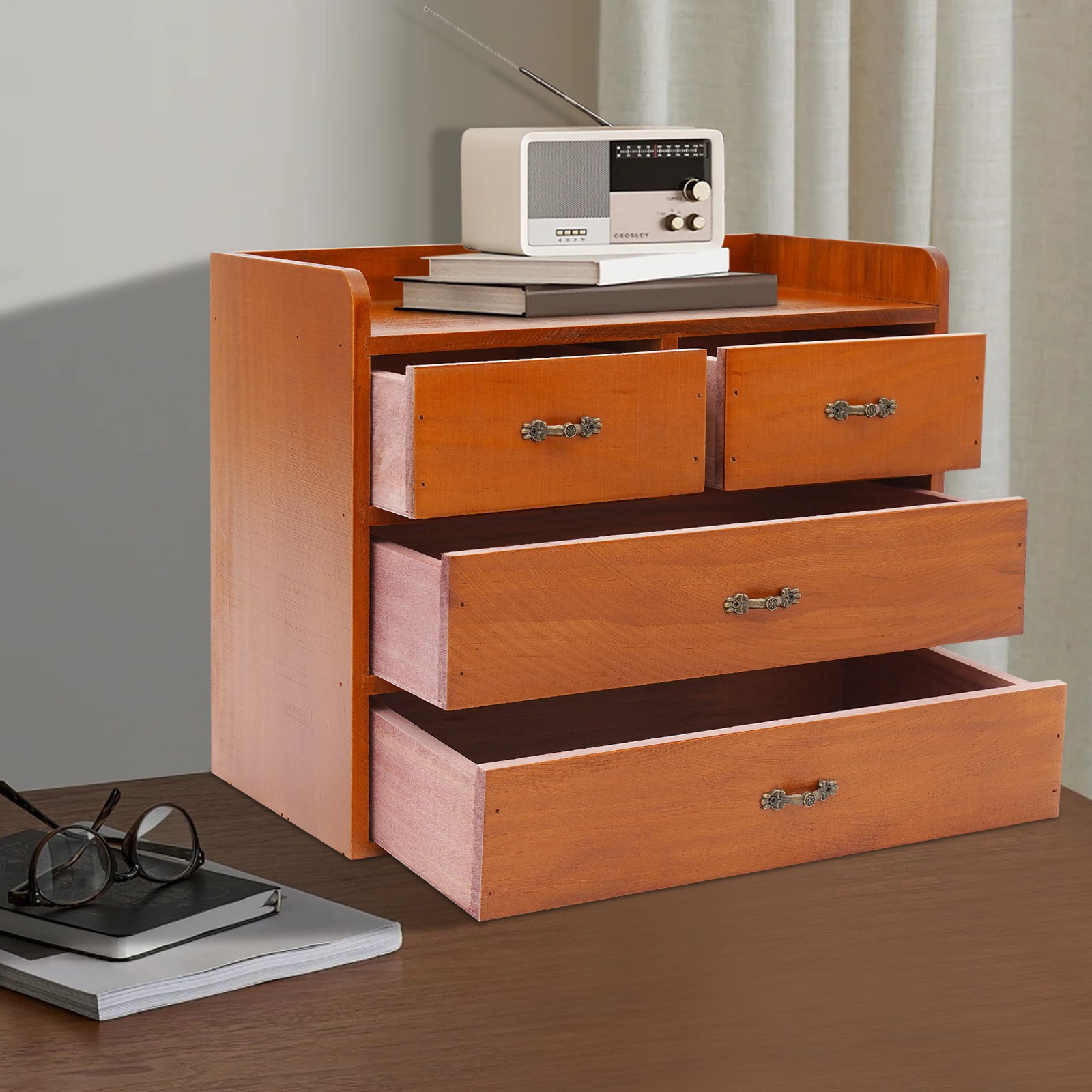Desk Organizer with Drawers Wooden Desktop Storage Cabinet Storage Box, 4 Drawer