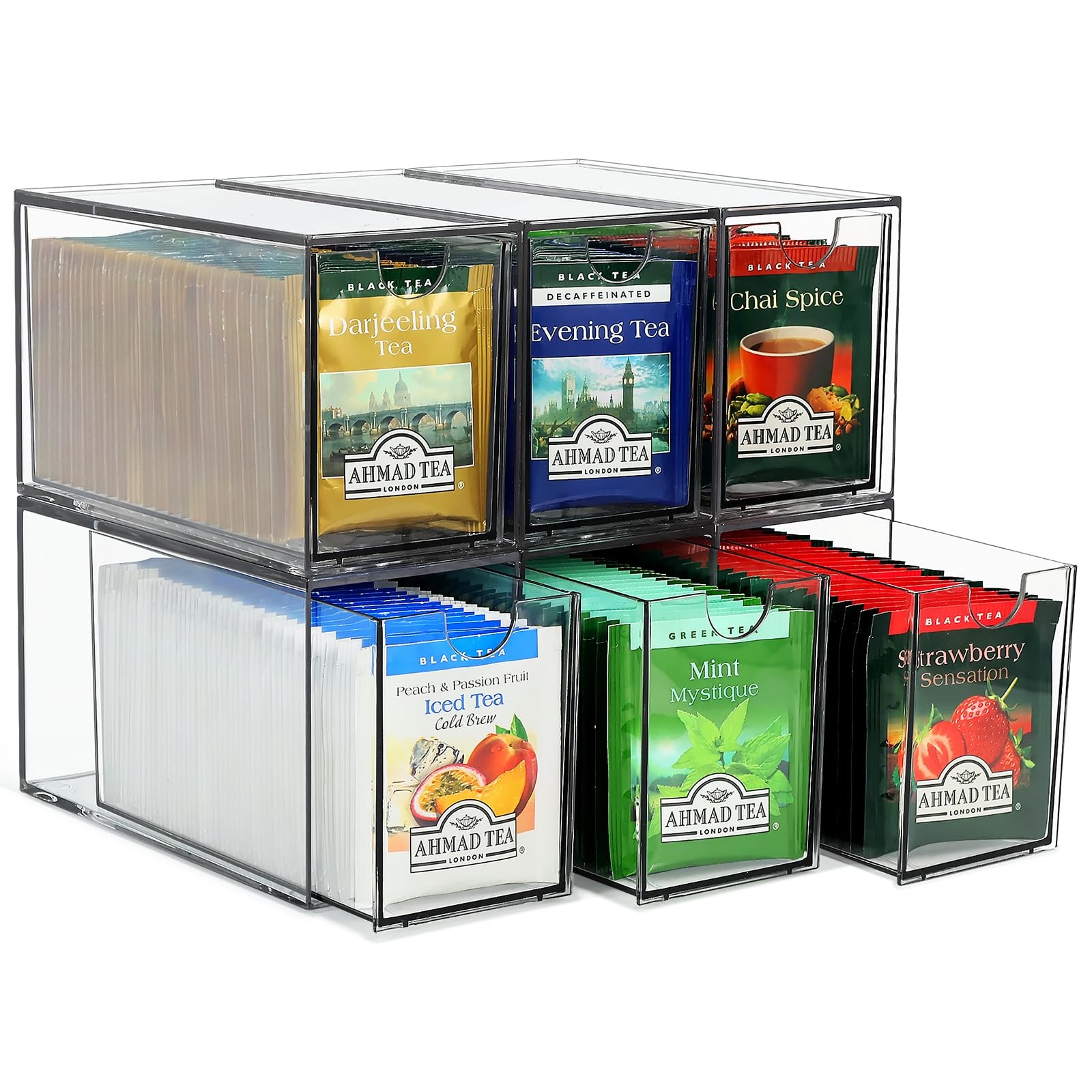 6 Tea Bag Organizer and Storage, Acrylic 6.5″ x 3″ x 3.9″, Clear