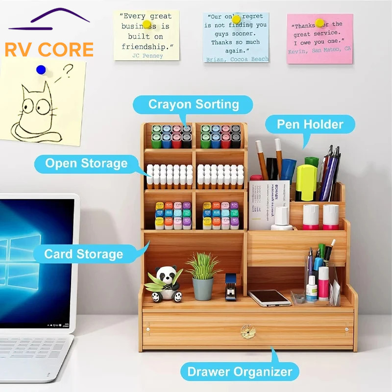 Wooden Desk Organiser — DIY Desktop Tidy, Large Pen Holder with Drawer Home/Off