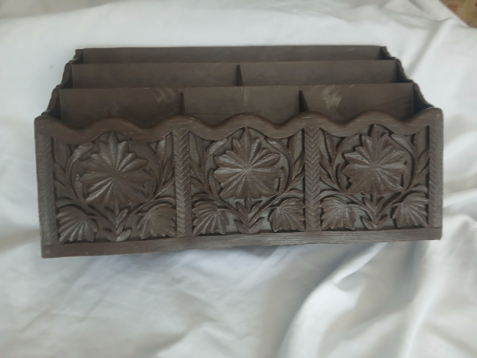 Vintage Lerner Faux Wood Desktop Organizer with Boho Rustic Carved Floral Design