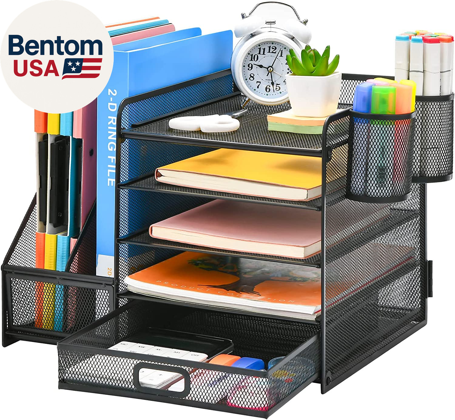 Desk Organizer with File Holder, 5-Tier Paper Letter Tray Organizer with Drawer