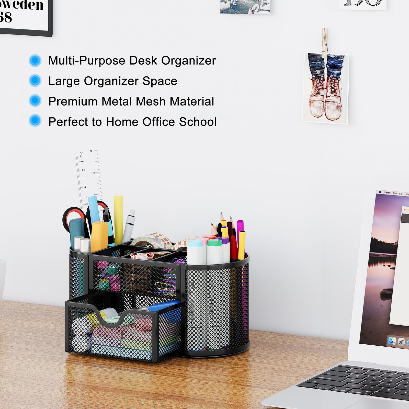 Mesh Pen Holder Desk Organizer with Drawer Stationery Supplies Organizer for …