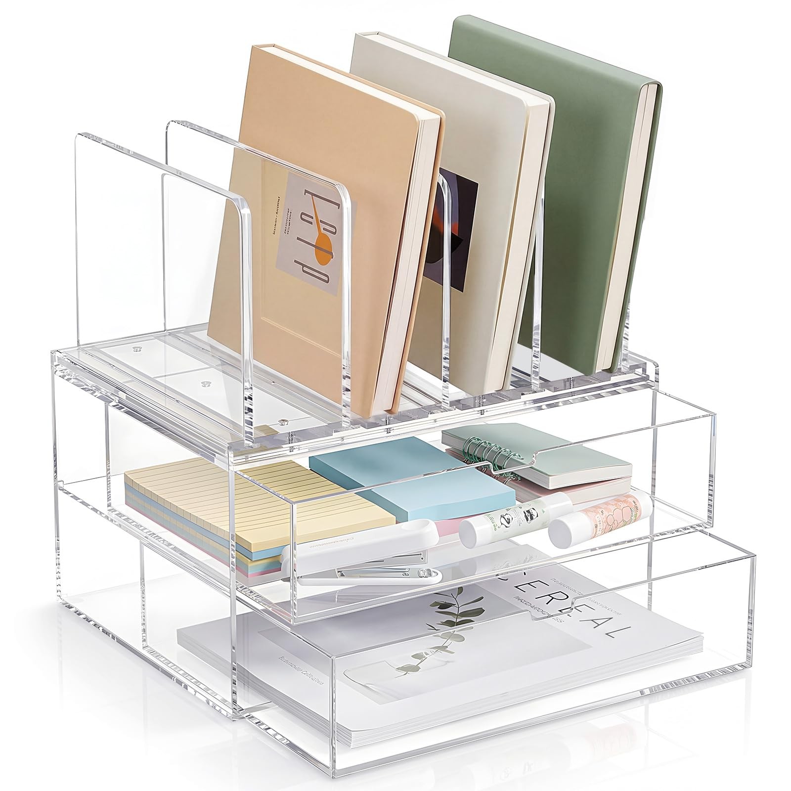 Acrylic Desk Organizer with 2 Drawers, Vertical File Holder with 5 Detachable…