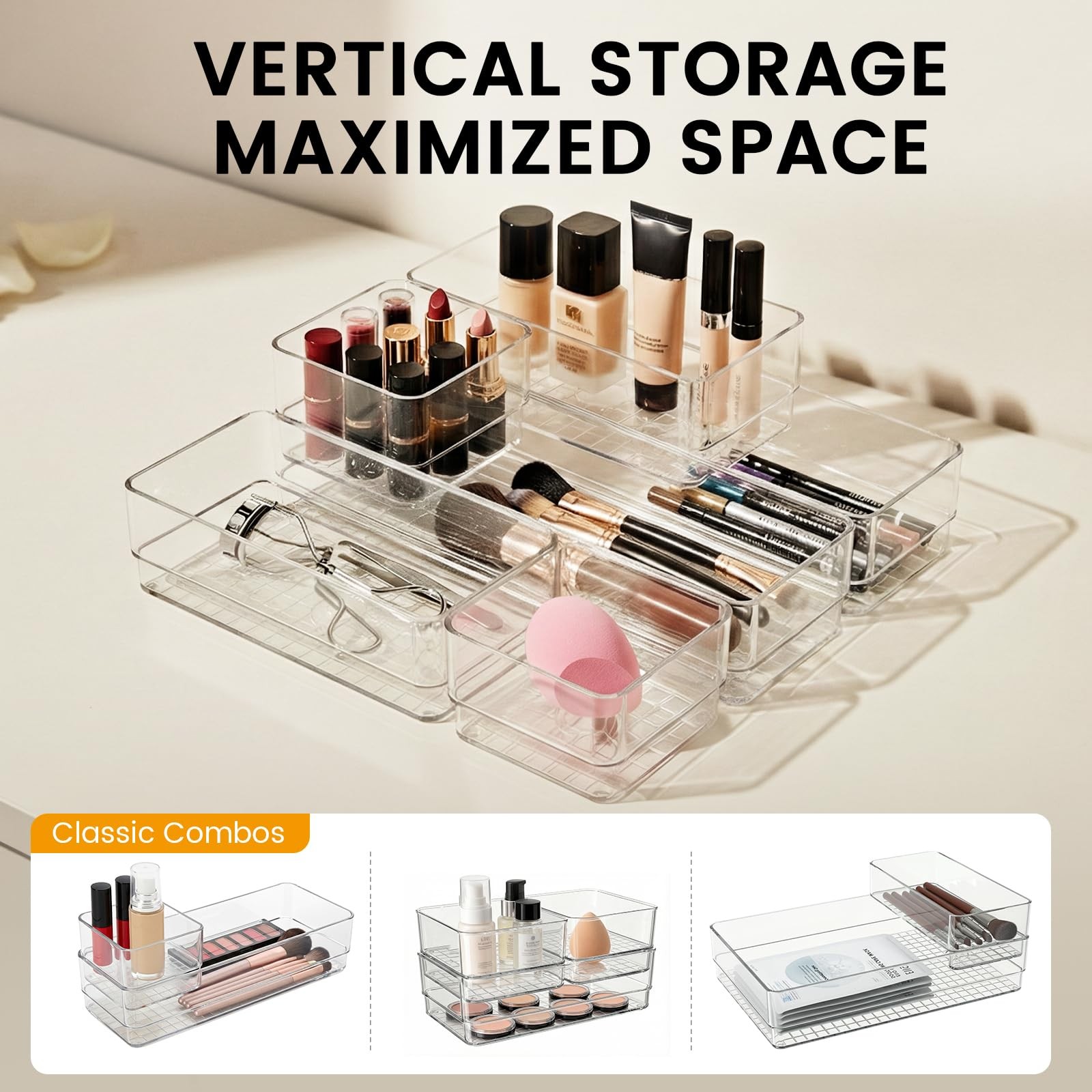 6 PCS Clear Plastic Drawer Organizer Set, 2 Sizes Acrylic Drawer Storage Tray…