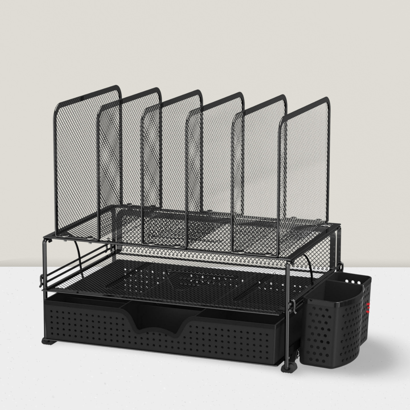 Mesh Desk Organizer with Sliding Drawer Double Tray 5 Upright Sections Black
