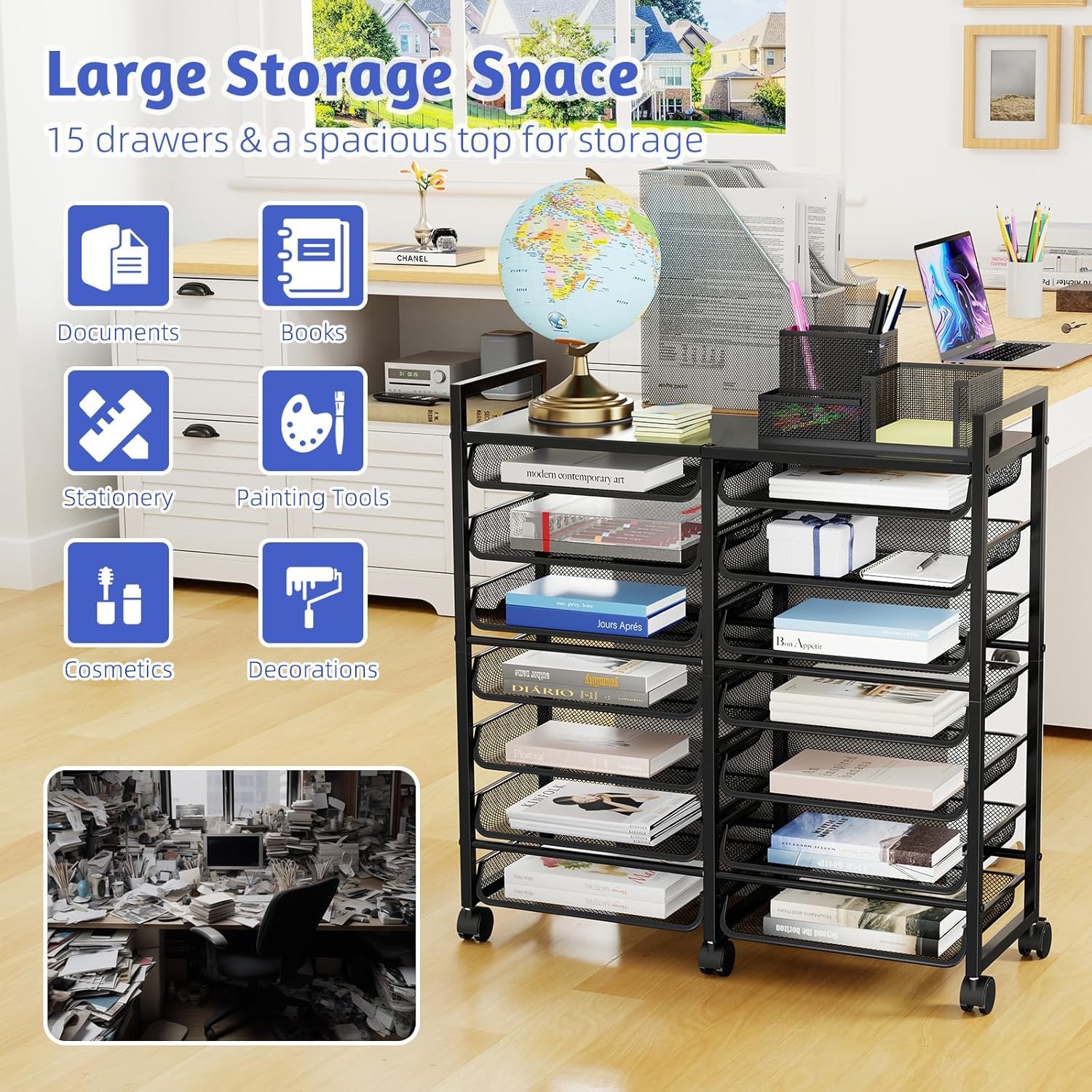 15-Tier Rolling File Cart, Desk File Organizer with 14 Mesh Sliding Trays,