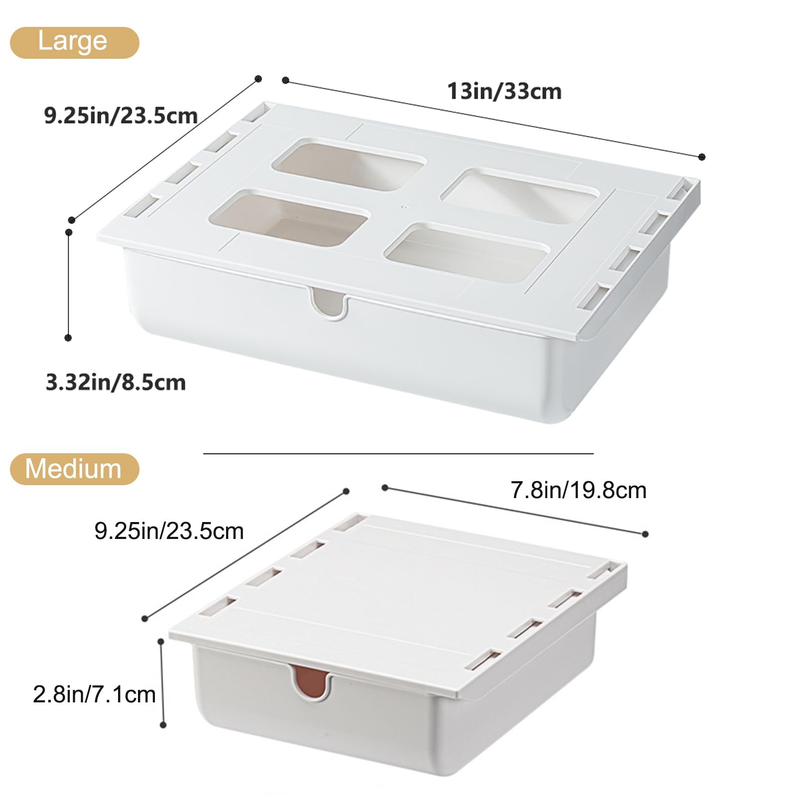 2 Pack Under Desk Drawer, Large & Medium Self-Adhesive White