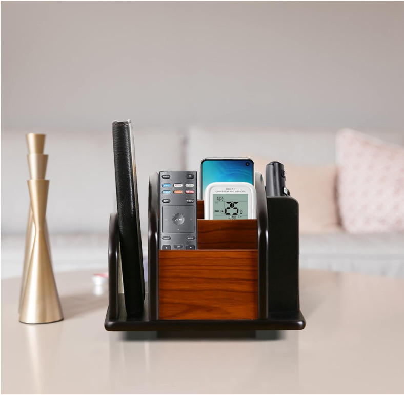 Wooden Desk Organizer, Desktop Office Supplies Storage Remote Control Caddy H…
