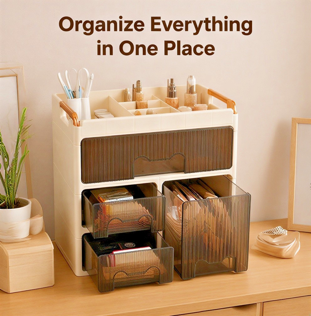 Beige Plastic Desktop Organizer w/ Easy Access Drawers + Divided Top Compartment